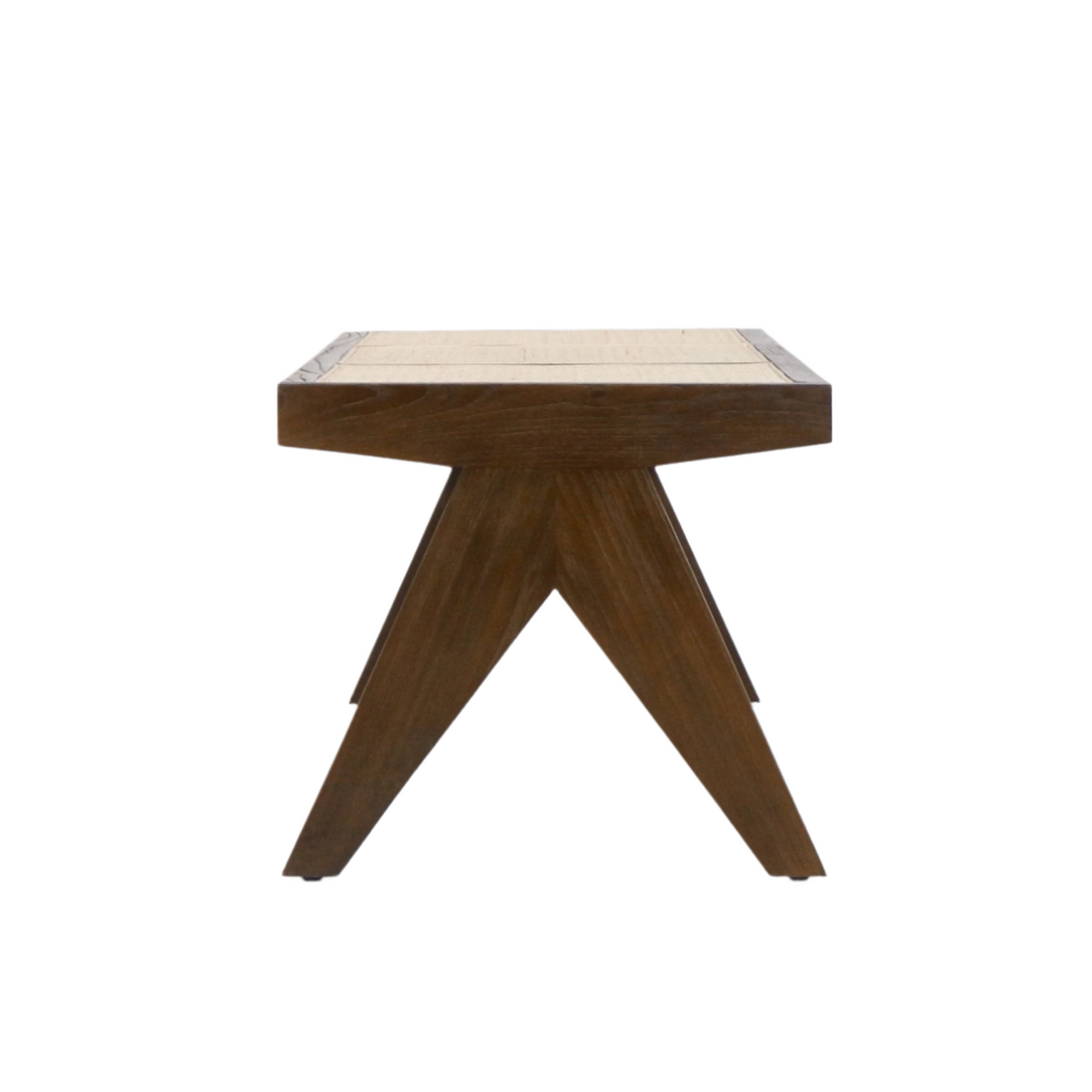 Front view of a natural wood, backless bench with a light woven cane seat and angular triangular splayed legs, shown in a mid-century modern style.