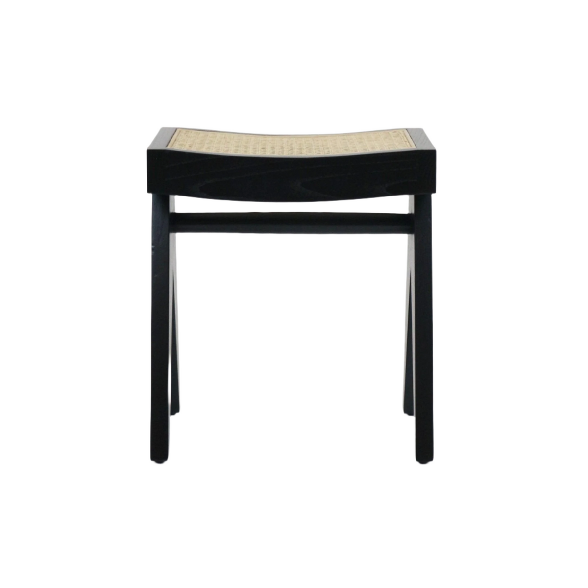 Front view of a mid-century modern black solid wood footstool featuring a gently curved natural woven cane seat and straight legs joined by a horizontal stretcher.