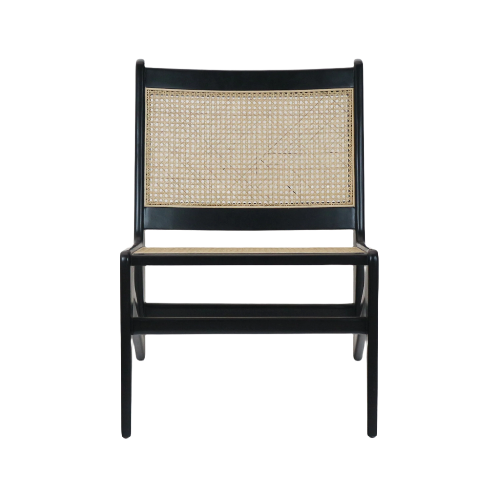 Front view of a low-profile midcentury-inspired lounge chair with a black solid teak frame and natural cane woven back and seat, armless design with slender legs and open stretcher under the seat.