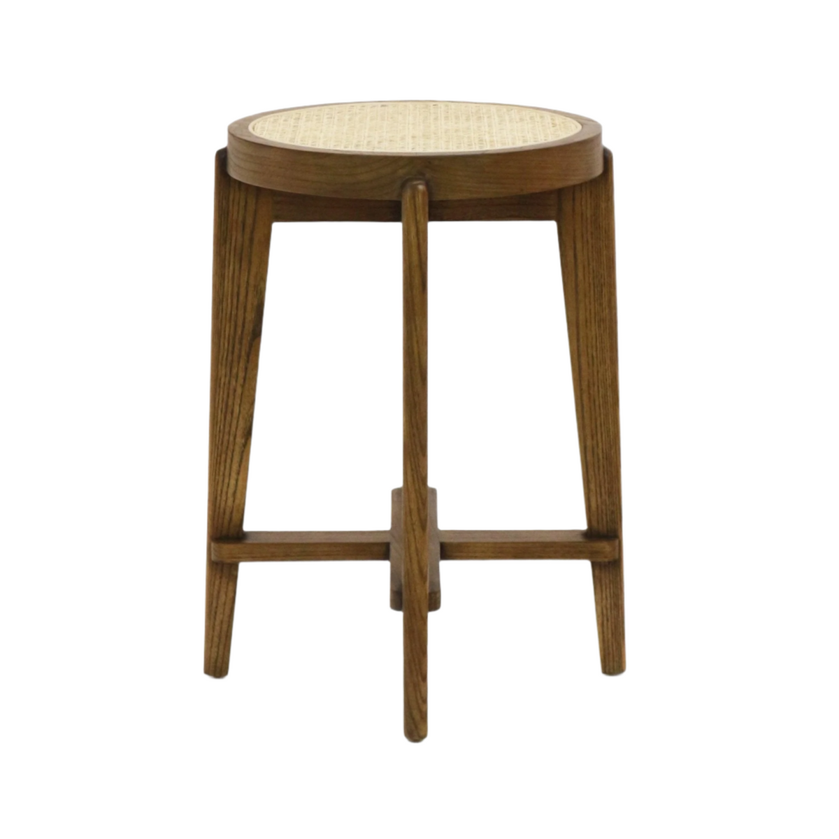 Backless counter-height stool with a round natural rattan woven seat set in a medium-brown solid wood frame, tapered legs and cross stretchers for support.