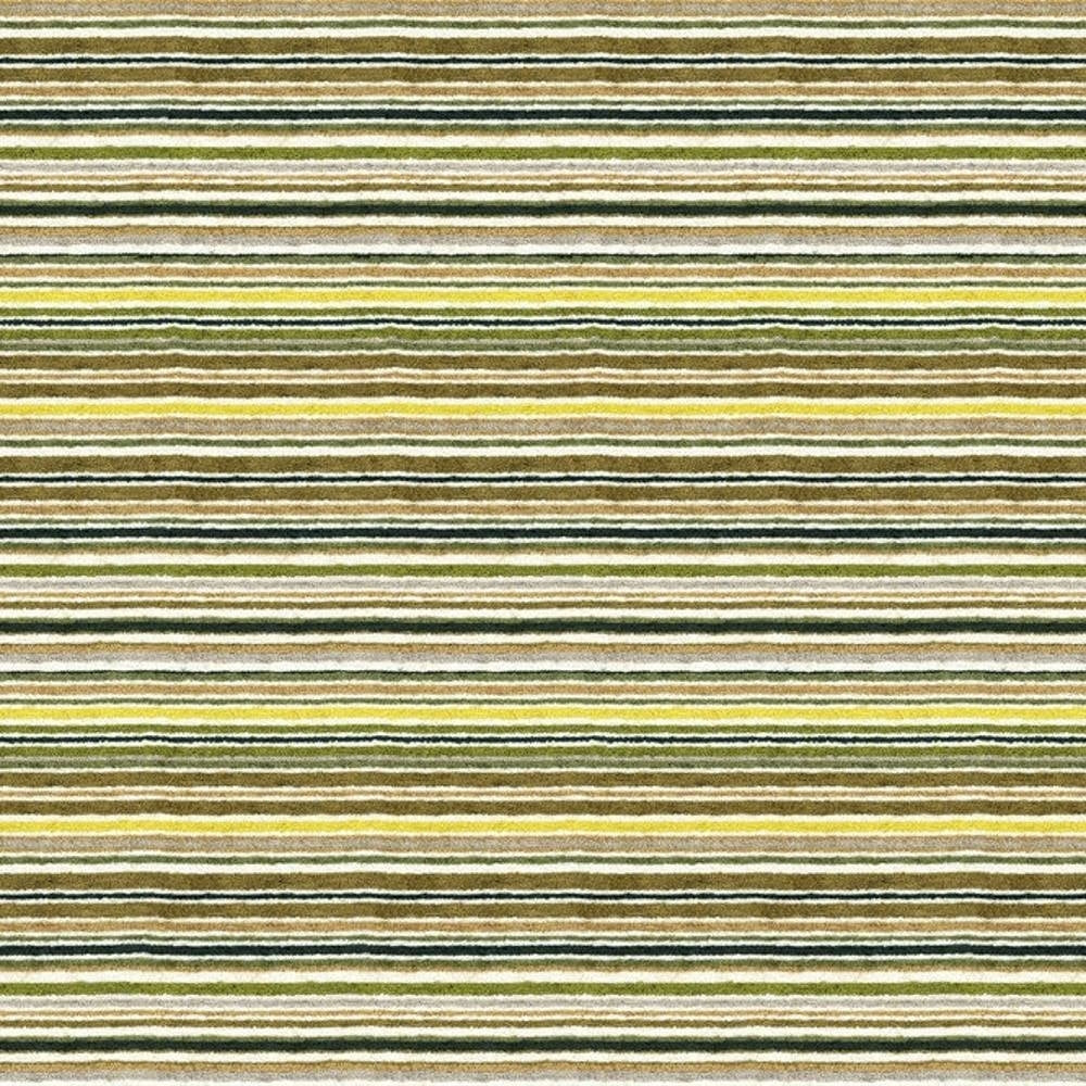 Close-up of R1753 contemporary stripe upholstery fabric in a 90% viscose blend, showing horizontal thin stripes in green, yellow, olive, brown and cream with a soft, textured weave suited for sofas.