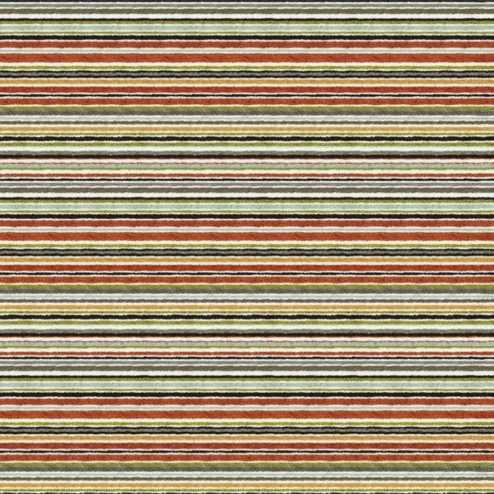 Horizontal narrow-striped upholstery fabric (90% viscose, 1.5% acrylic, 8.5% polyester) in rust, olive green, yellow, cream, pale blue and charcoal, shown as a repeated contemporary pattern for sofas and indoor use.