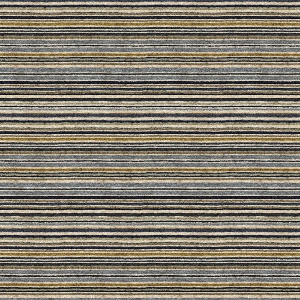 Close-up of contemporary stripe upholstery fabric with narrow horizontal stripes in gray, navy, beige and mustard yellow on a woven 90% viscose, 1.5% acrylic, 8.5% polyester blend.