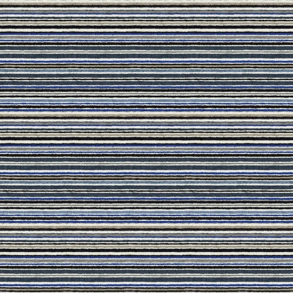 Close-up of a 90% viscose-blend upholstery fabric with narrow horizontal stripes in blue, charcoal, gray and white, showing a subtle textured weave ideal for contemporary sofas.