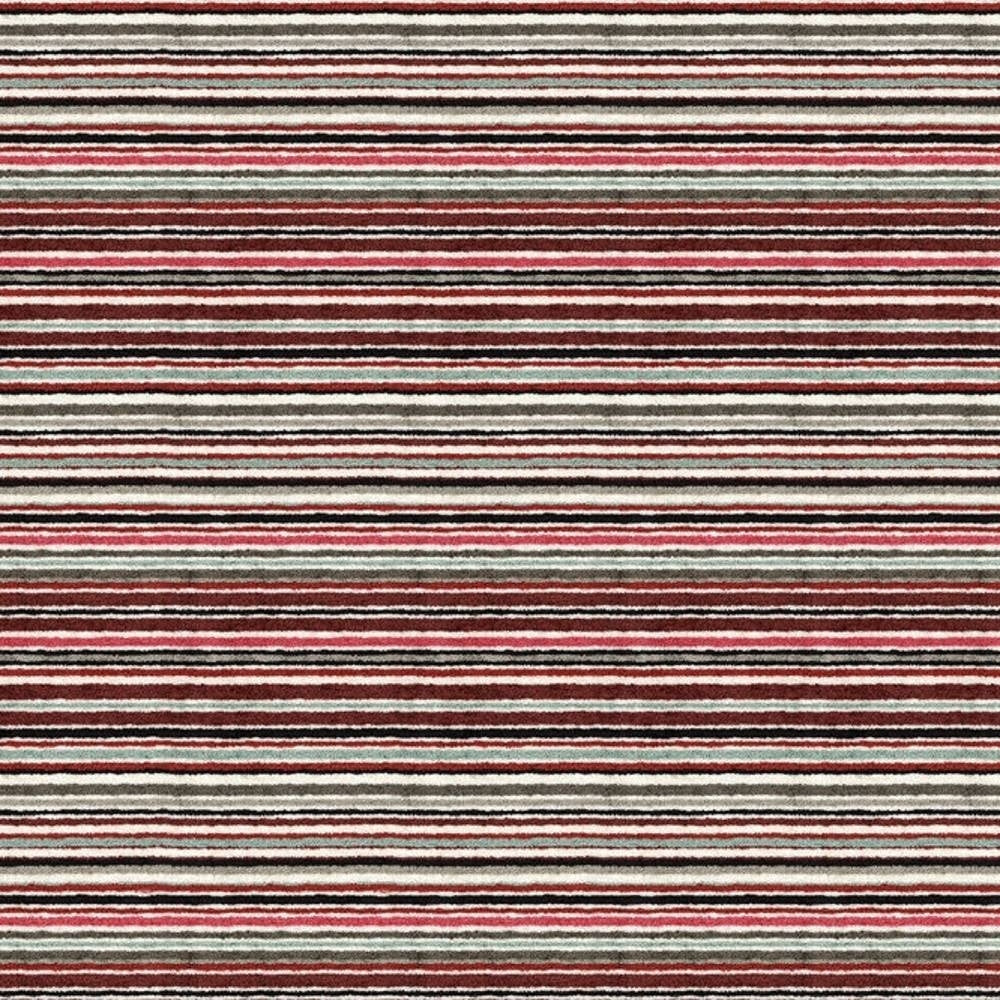 Close-up of a striped upholstery fabric sample with narrow horizontal bands in burgundy, coral, gray, cream and black on a soft 90% viscose-blend, contemporary sofa-ready pattern.