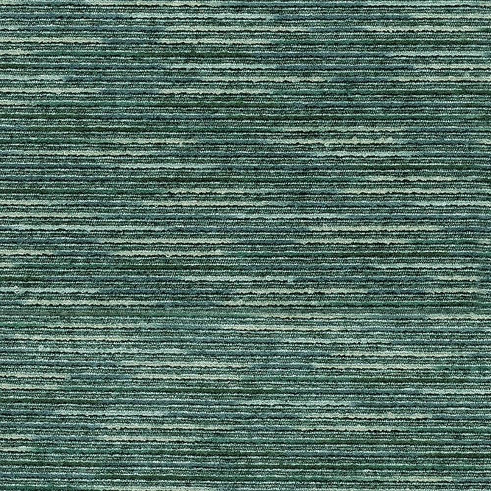 Close-up of a horizontal-striped green viscose-blend upholstery fabric (75% viscose, 1% acrylic, 24% polyester) showing fine tonal stripes and low-profile texture, ideal for contemporary sofa upholstery.