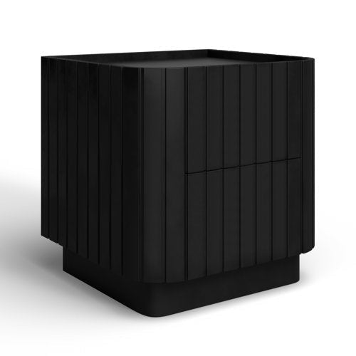 Modern black solid wood nightstand with vertical slatted front, two concealed drawers, recessed top tray and rounded plinth base, shown against a white background.