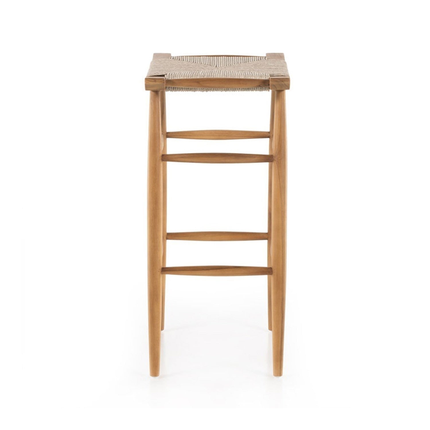 Front view of a backless teak outdoor bar stool with a woven natural-fiber seat, tapered legs and three horizontal footrest stretchers in a natural teak finish, coastal Scandinavian style.
