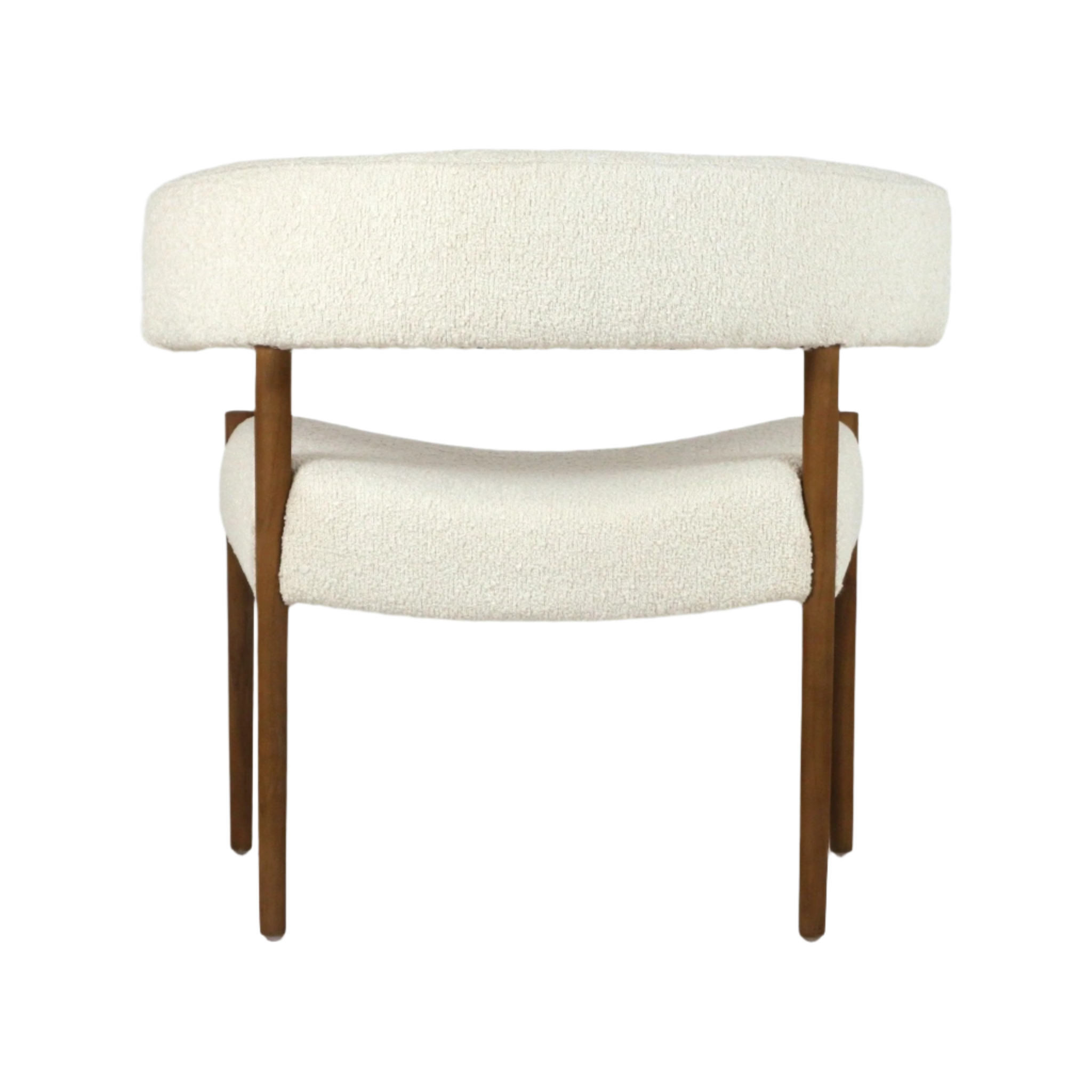 Front view of a cream boucle dining chair with a curved upholstered back and seat, supported by natural wood legs in a modern, mid-century-inspired silhouette.