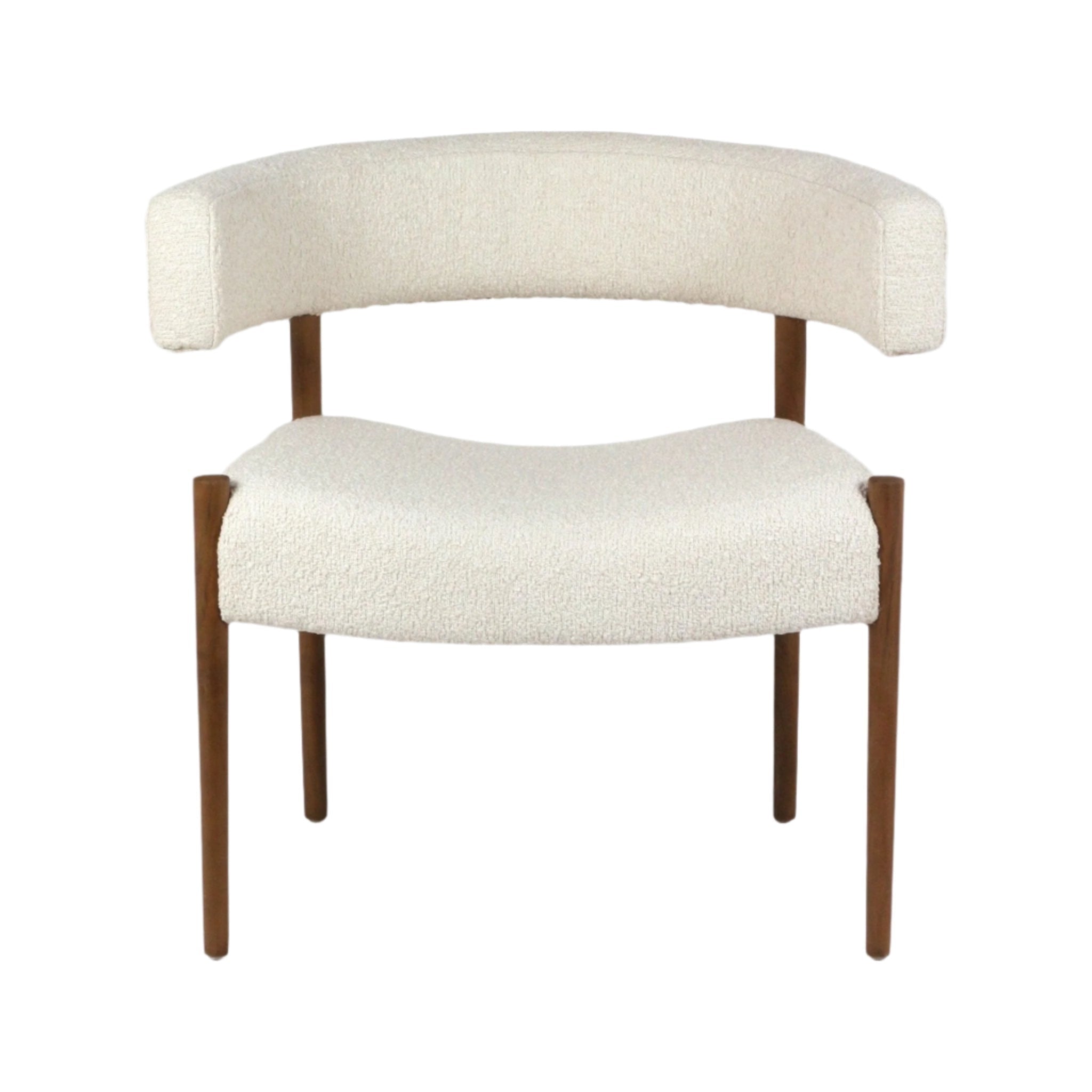 Cream alpaca bouclé upholstered dining chair with a curved open-back ring backrest, cushioned seat and four tapered natural wood legs in a modern mid-century style.