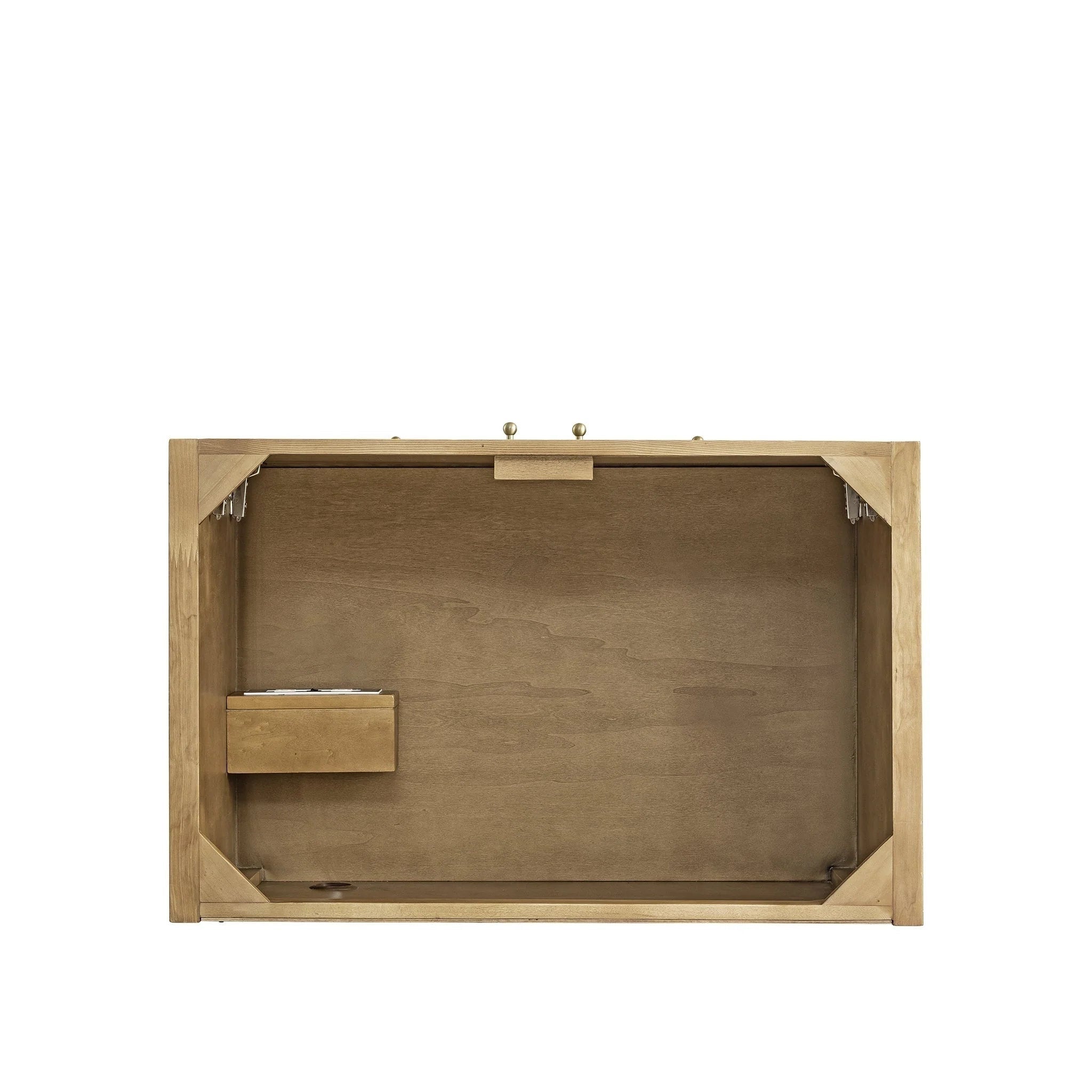 The NUEMA Sala 36 Single Bathroom Vanity is shown from the back, highlighting its unfinished wood texture, rectangular frame, metal hanging hardware on top, and a small compartment at the bottom left against a white background.
