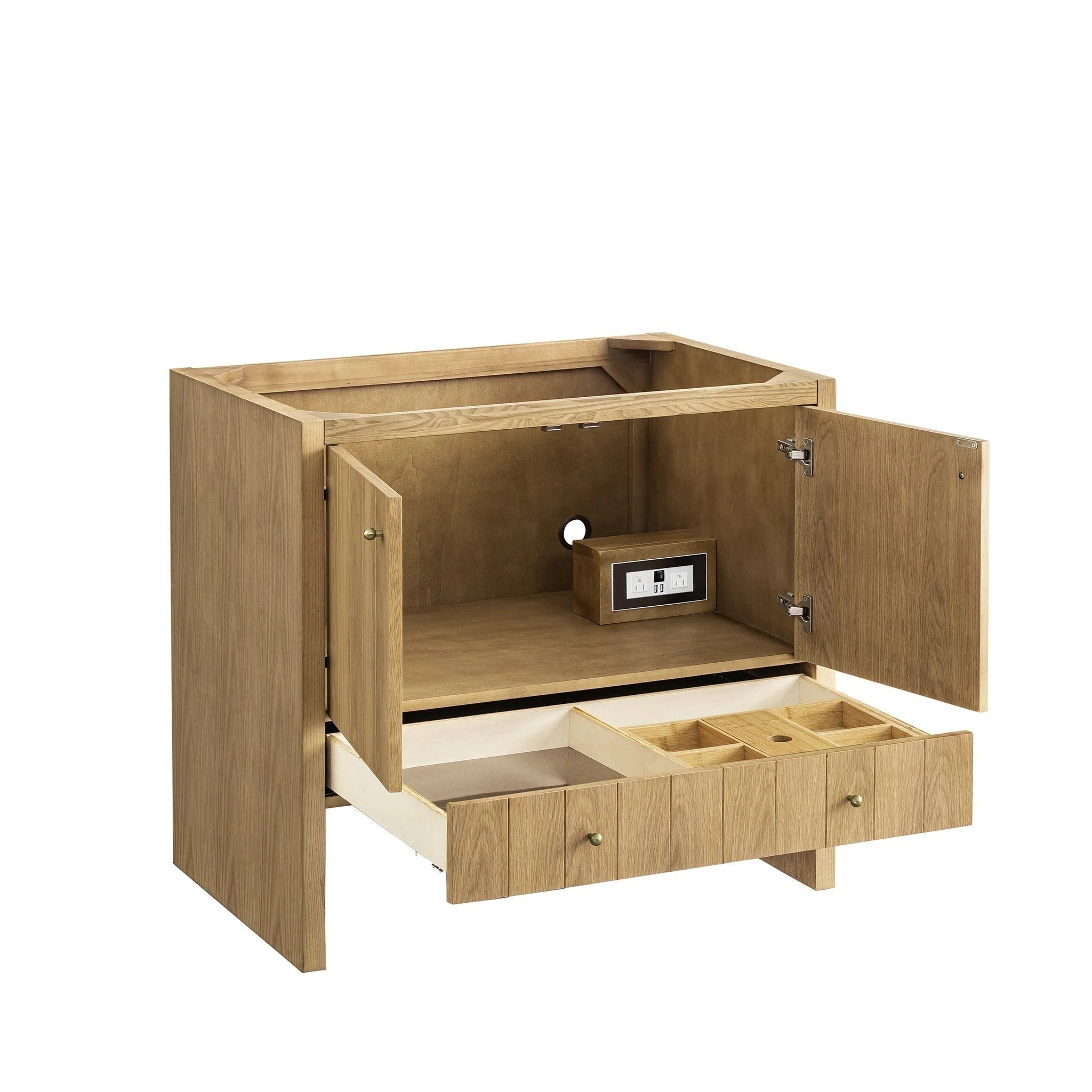 The NUEMA Sala 36 Single Bathroom Vanity in light solid oak features dual doors with interior shelves, a power outlet, plumbing cutout, one deep divided drawer, one shallow drawer, and comes without countertop or sink.