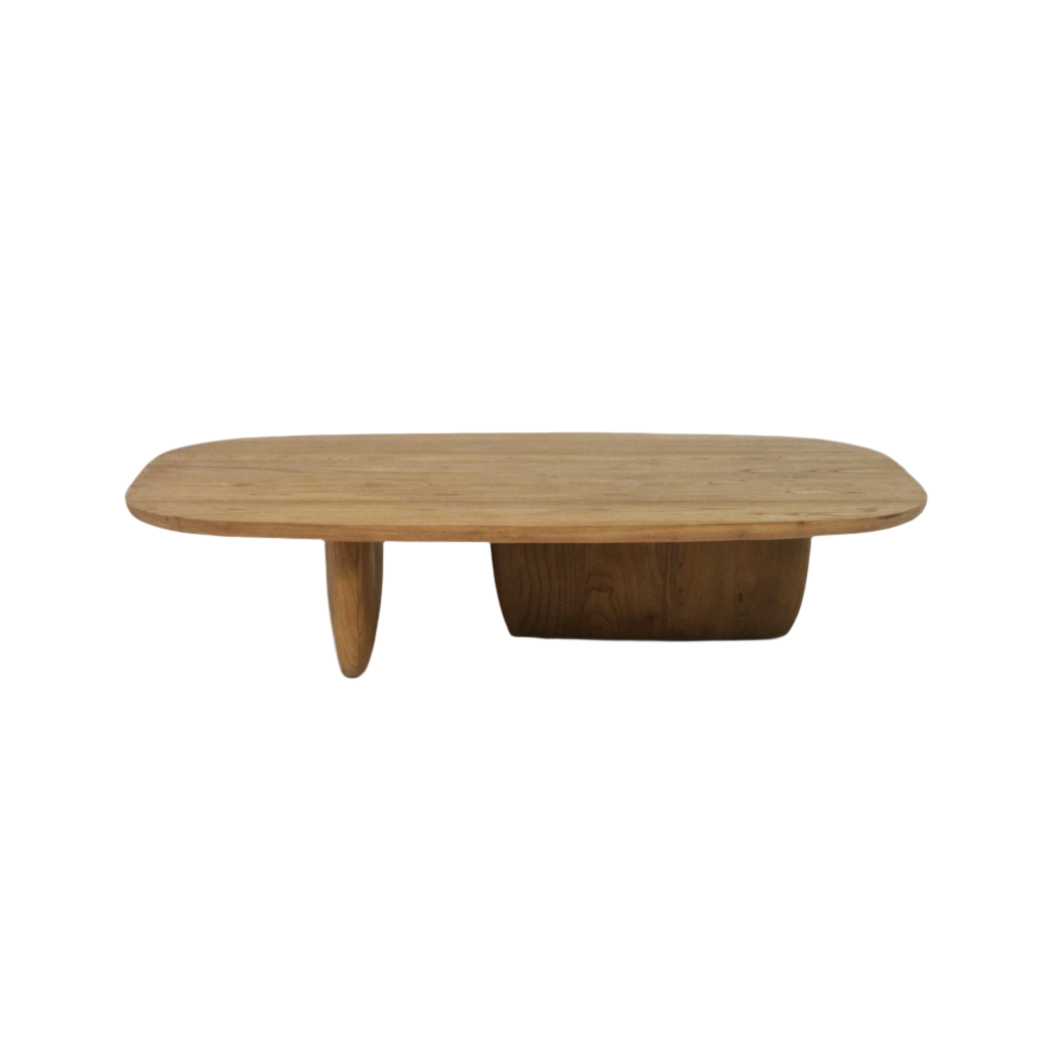 Low-profile modern coffee table in natural solid wood with a rounded oval top and asymmetric supports — a tapered cylindrical leg on one side and a rounded rectangular pedestal on the other.