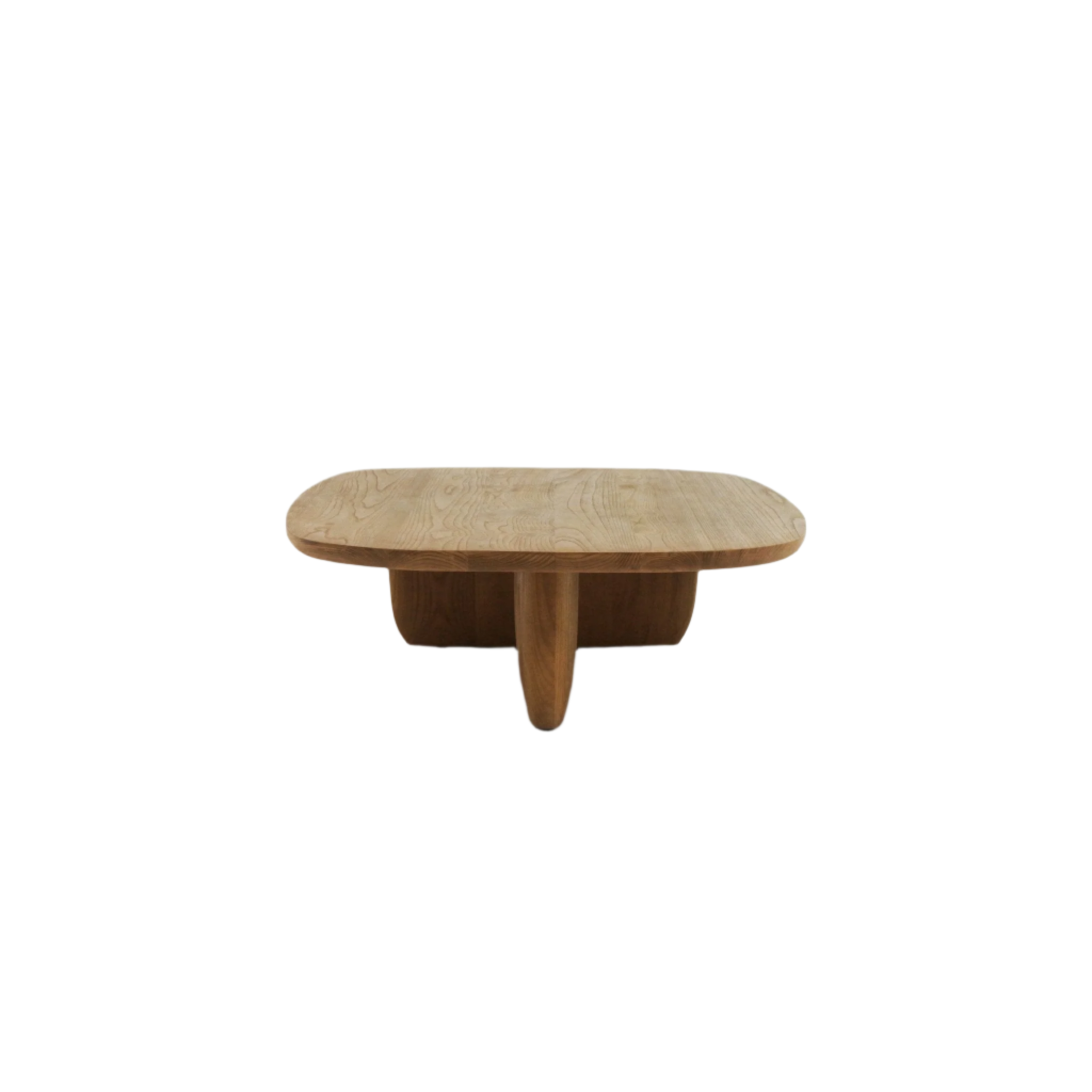 Low modern solid wood coffee table in a natural finish with a rounded rectangular top, visible wood grain and a sculpted central pedestal base that splits into three rounded supports.