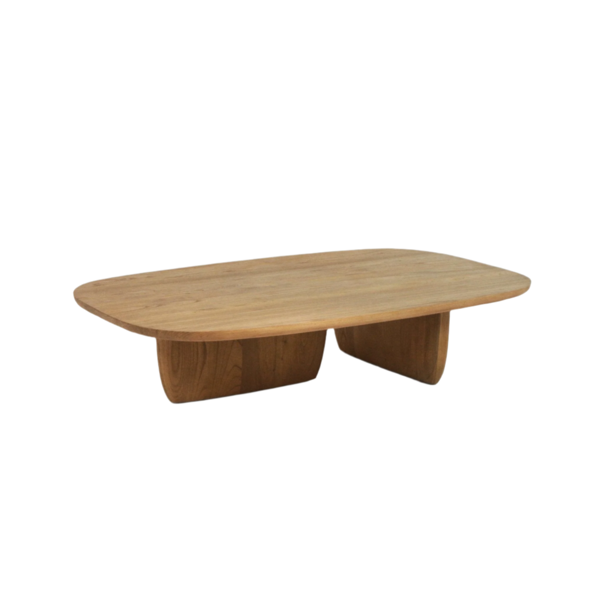 Low-profile modern solid wood coffee table with a rounded rectangular top and two curved pedestal bases in a natural wood finish.