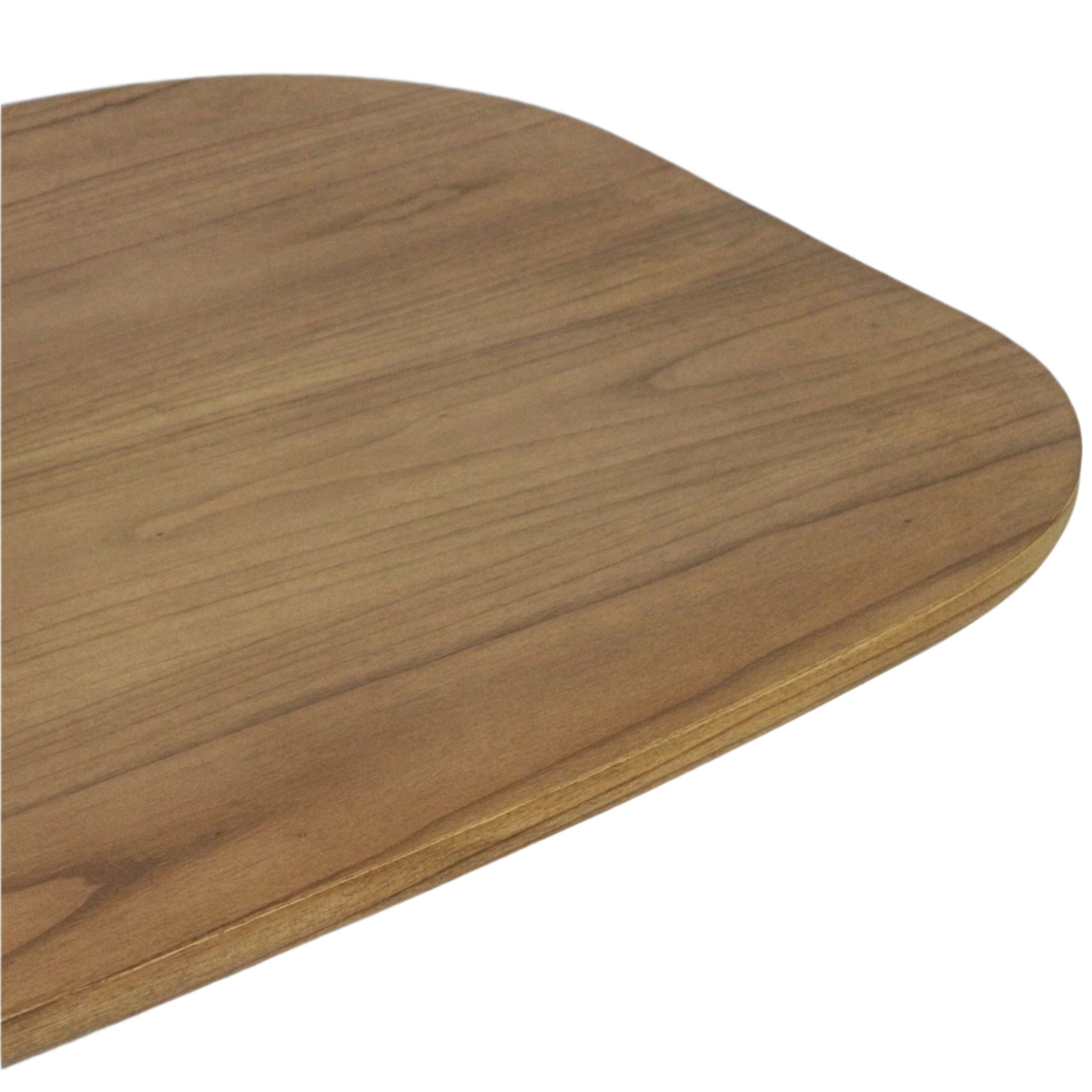 Close-up of a modern solid wood coffee table top showing warm natural wood grain, a rounded corner and smooth beveled edge in a natural finish.