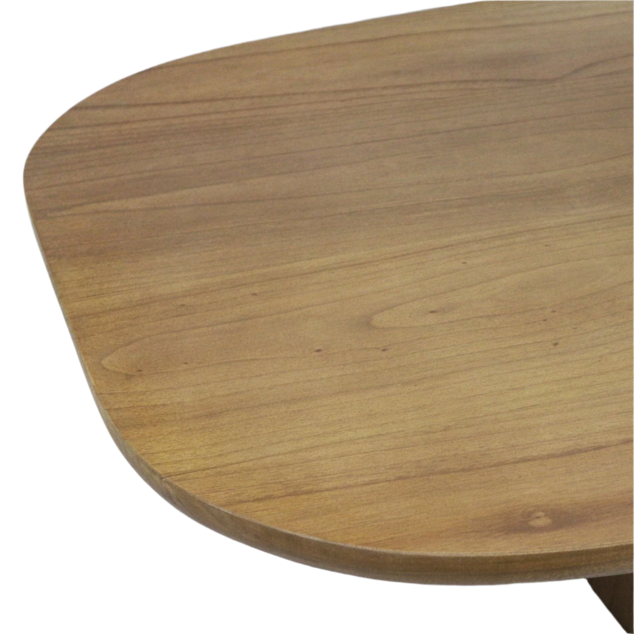 Close-up of a solid wood coffee table's rounded corner showing smooth natural wood grain and a warm brown finish.