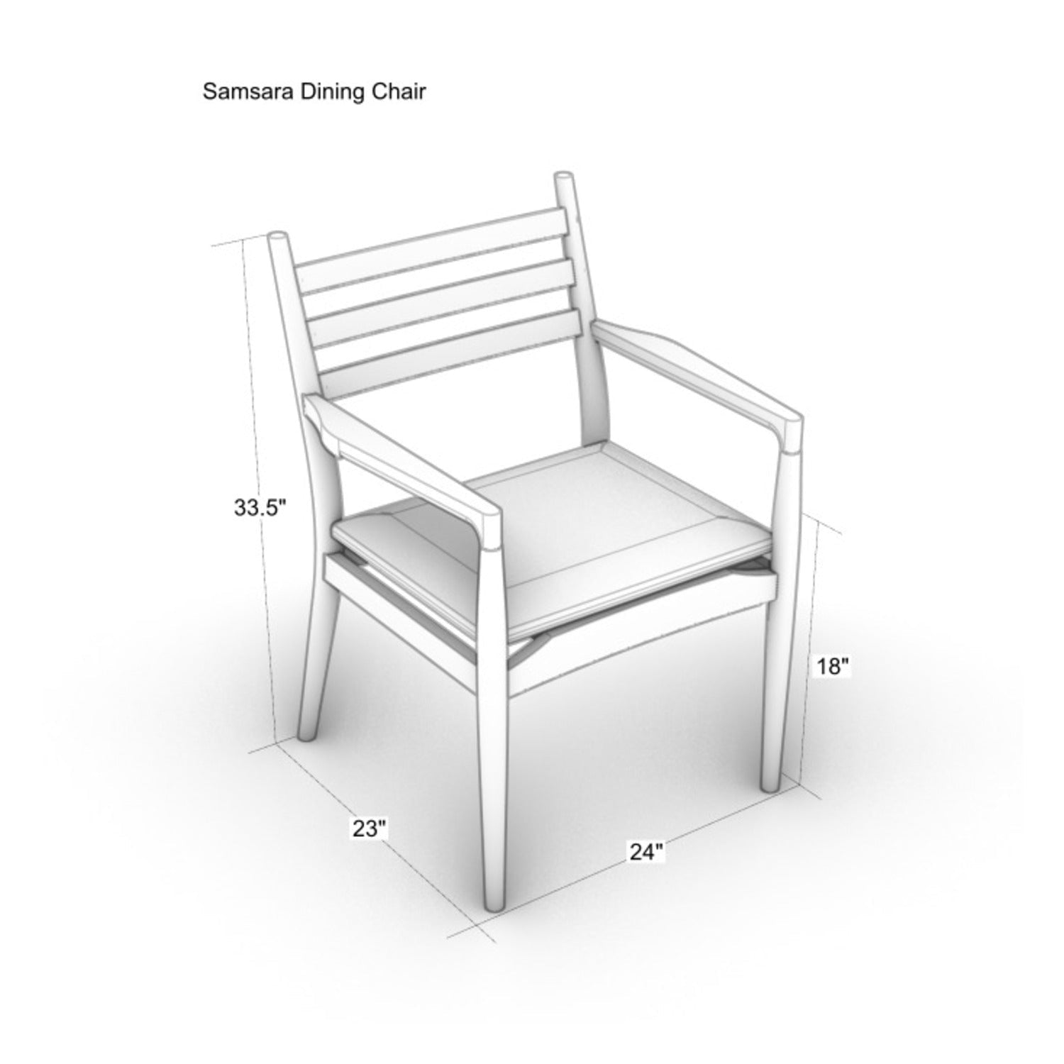 Isometric line drawing of a coastal-style dining chair with natural wood frame, rope slat back and tan leather seat cushion, labeled dimensions: 33.5" height, 18" seat height, 23" depth and 24" width.
