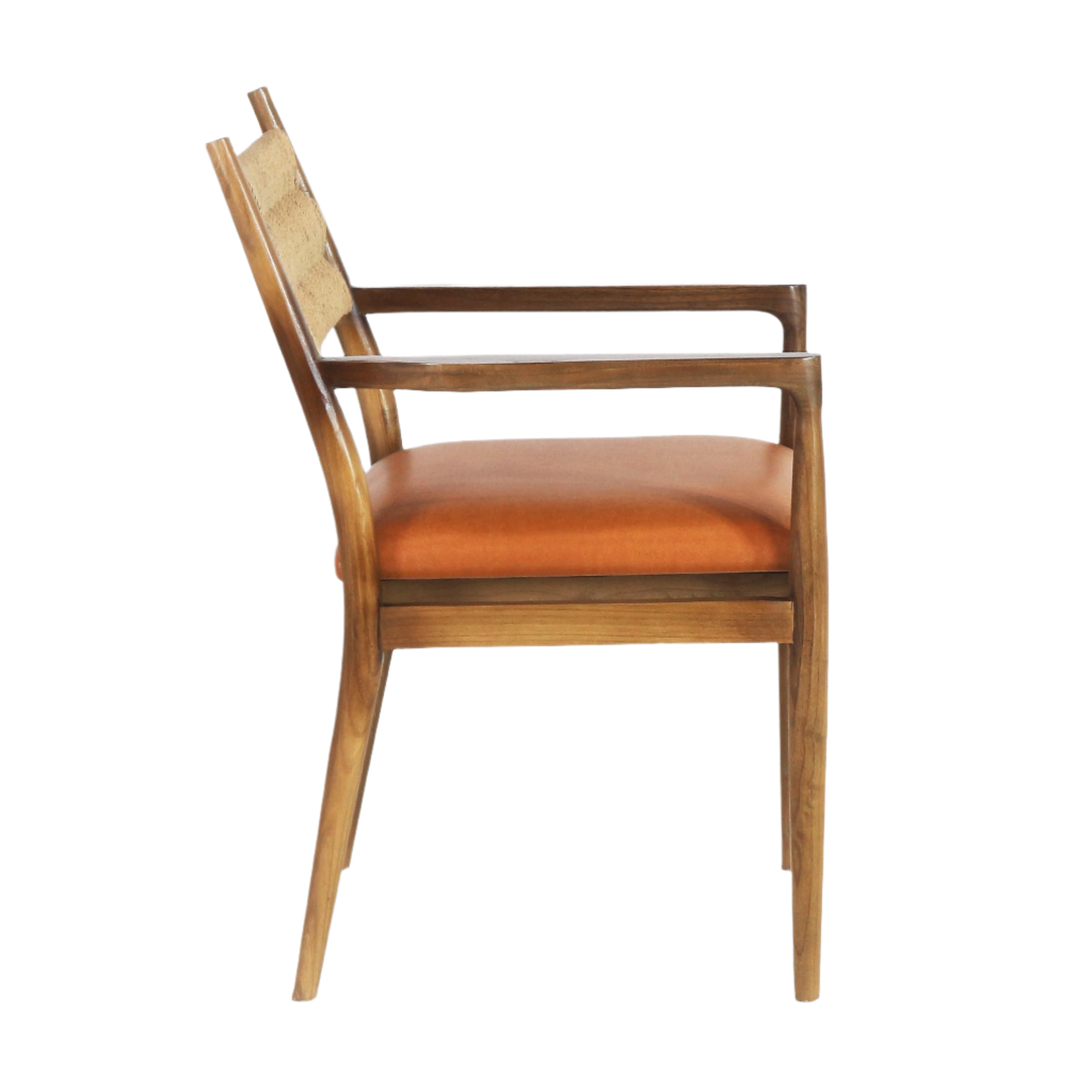 Side profile of a coastal-contemporary dining chair with a natural wood frame, tapered legs, tan leather-upholstered seat and woven beige rope backrest, showing slim wooden arms and a smooth finish.