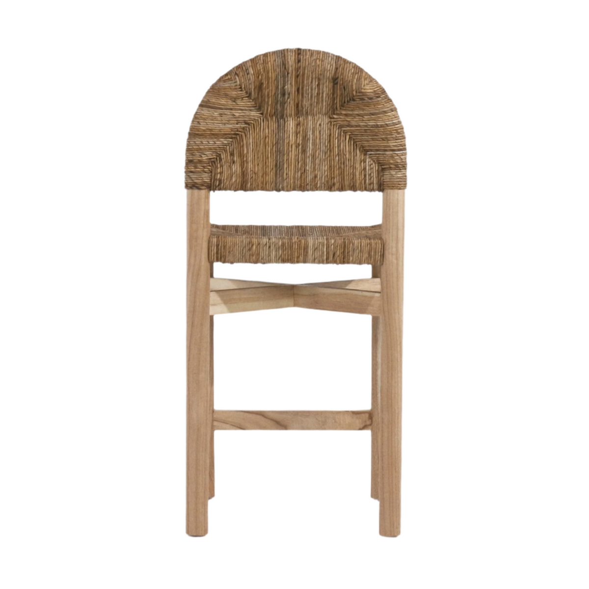 Front view of a coastal oak counter stool with woven natural rope (seagrass) seat and rounded woven back, solid wood frame in a light natural finish and cross-stretcher footrest.