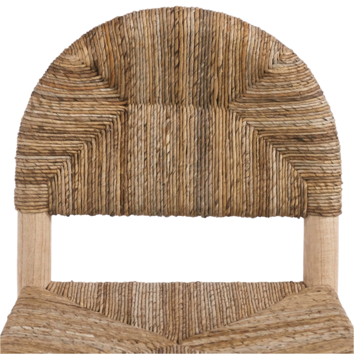 Close-up of a woven seagrass rope backrest and seat in natural tones, with an arched top and visible light oak frame posts, highlighting coastal textured handwoven details.