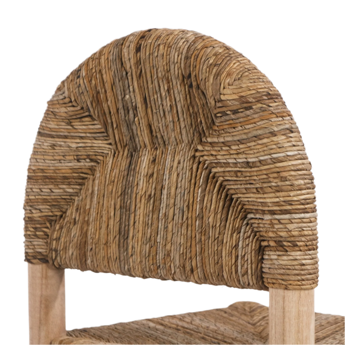 Close-up of a coastal-style counter stool showing a tightly woven natural seagrass/rope backrest and seat with visible light oak legs and detailed handwoven texture.