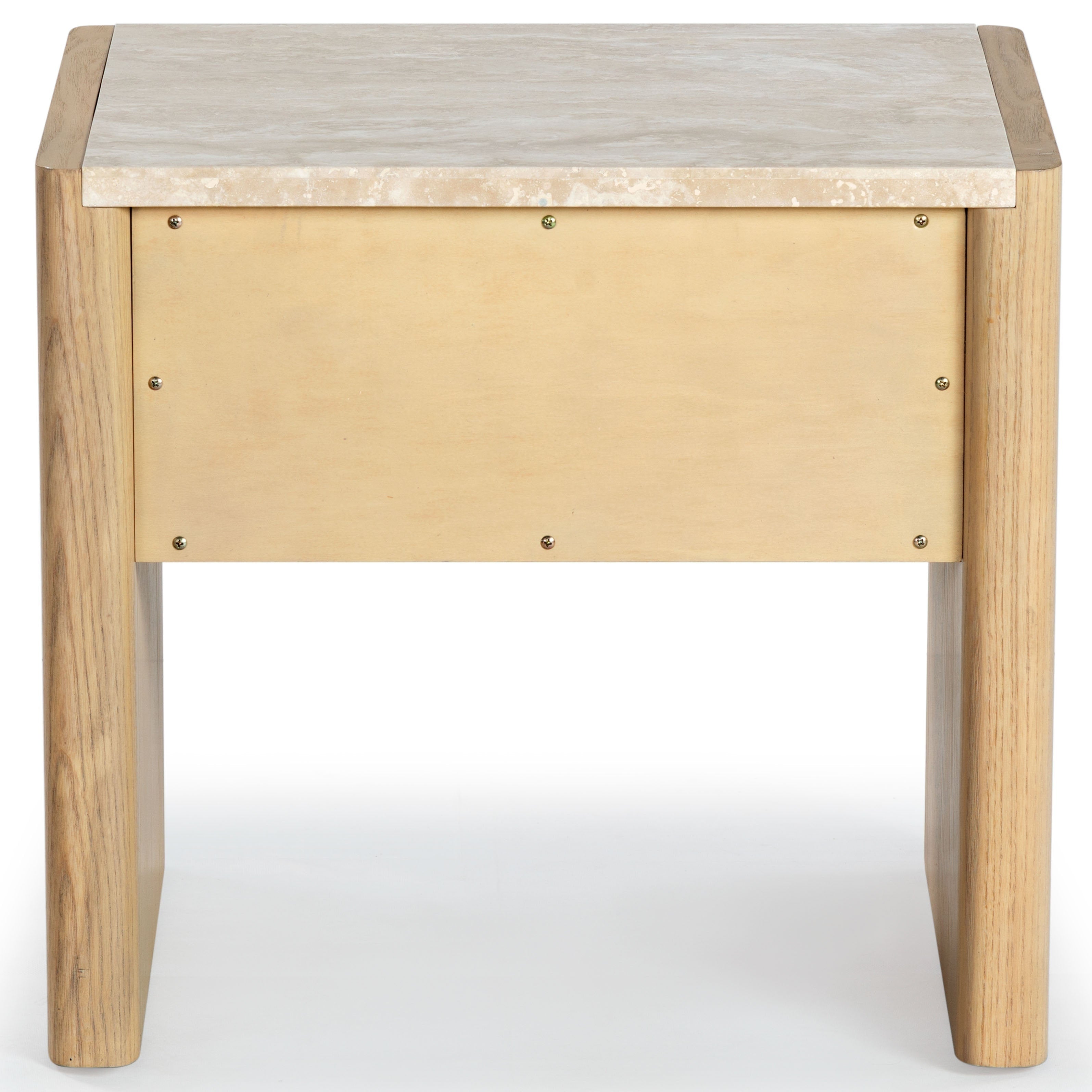 Front view of a minimalist modern nightstand with a beige marble top, natural wood frame and rounded legs, featuring a single light-wood drawer with visible fasteners.