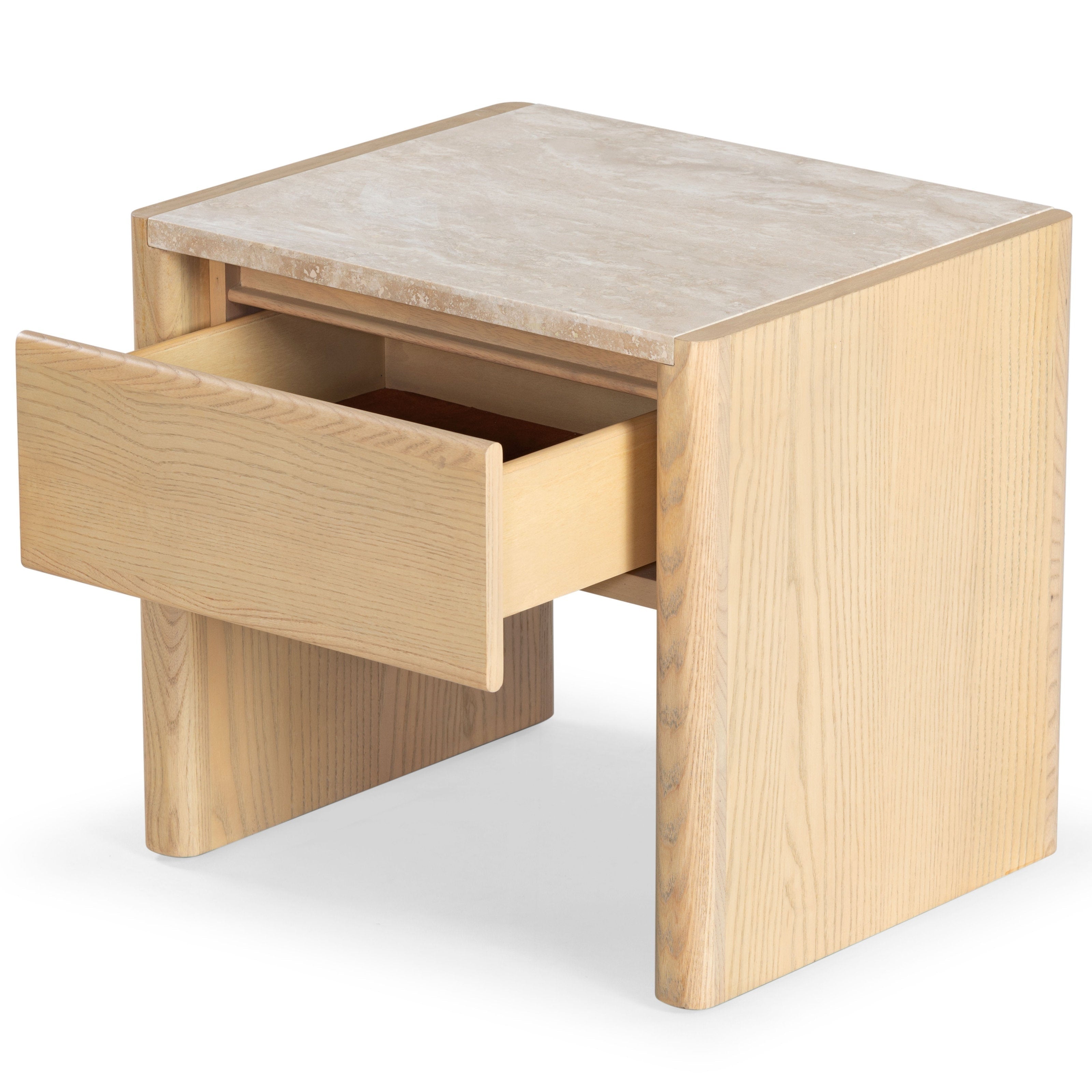 Minimalist natural wood nightstand with a beige marble top and one open drawer, showing light wood grain, smooth rounded side panels and a contemporary modern silhouette.