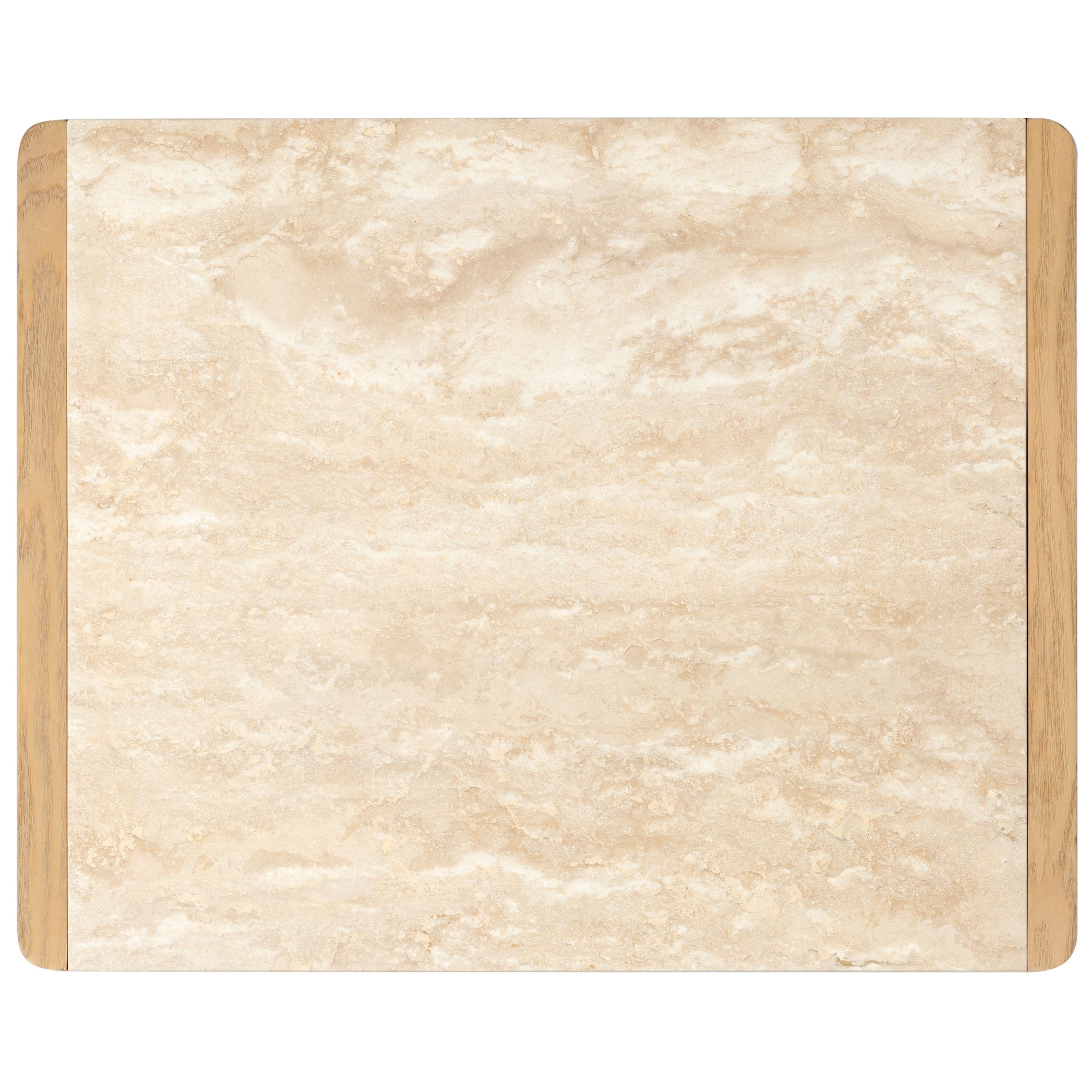 Top-down view of a rectangular nightstand showing a beige marble top with soft veining and natural wood rails on both sides, rounded corners and a minimalist modern aesthetic.