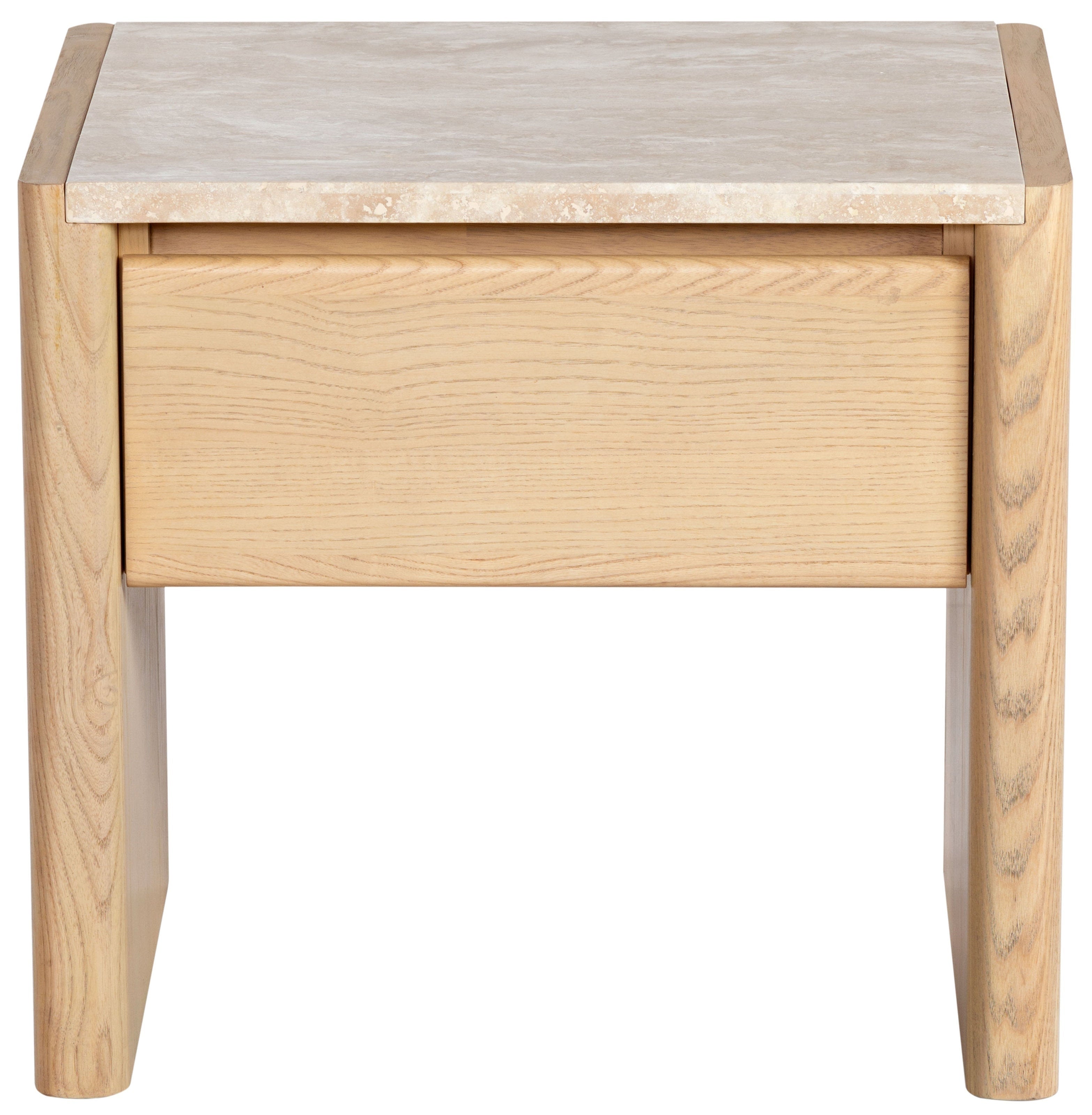 Front view of a modern natural wood nightstand with a single flush drawer and pale beige marble top, rounded tapered legs and a minimalist handle-less design.