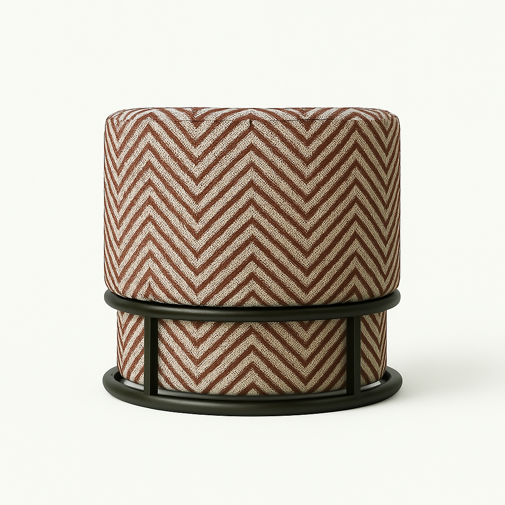 Round upholstered swivel ottoman in beige and brown chevron performance fabric with a black metal circular base and vertical supports, shown against a plain white background.