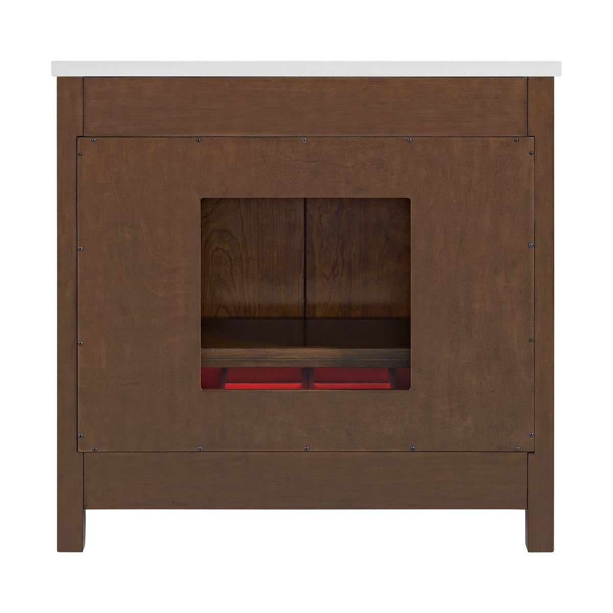 Front view of a 36-inch solid wood single-sink bathroom vanity with brown wood finish, white stone top, square center cutout revealing an interior shelf, exposed screw accents and modern freestanding profile.