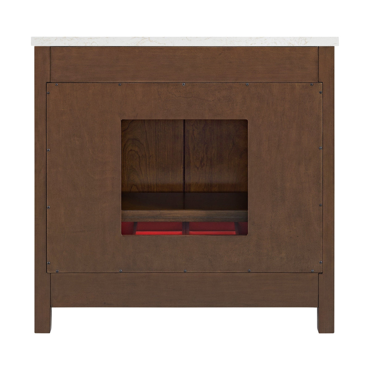 Front view of a 36-inch single-sink bathroom vanity in brown solid wood with a white stone countertop, square central opening revealing an internal shelf, visible panel screws and clean modern lines.