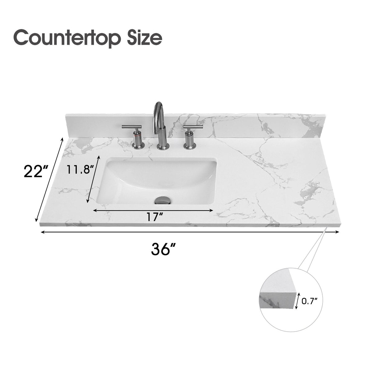Top-down diagram of a stone-colored modern vanity countertop with marble veining, integrated rectangular white ceramic sink and center three-piece faucet; measurements labeled 36" wide, 22" deep, basin 17" x 11.8" and 0.7" thickness.
