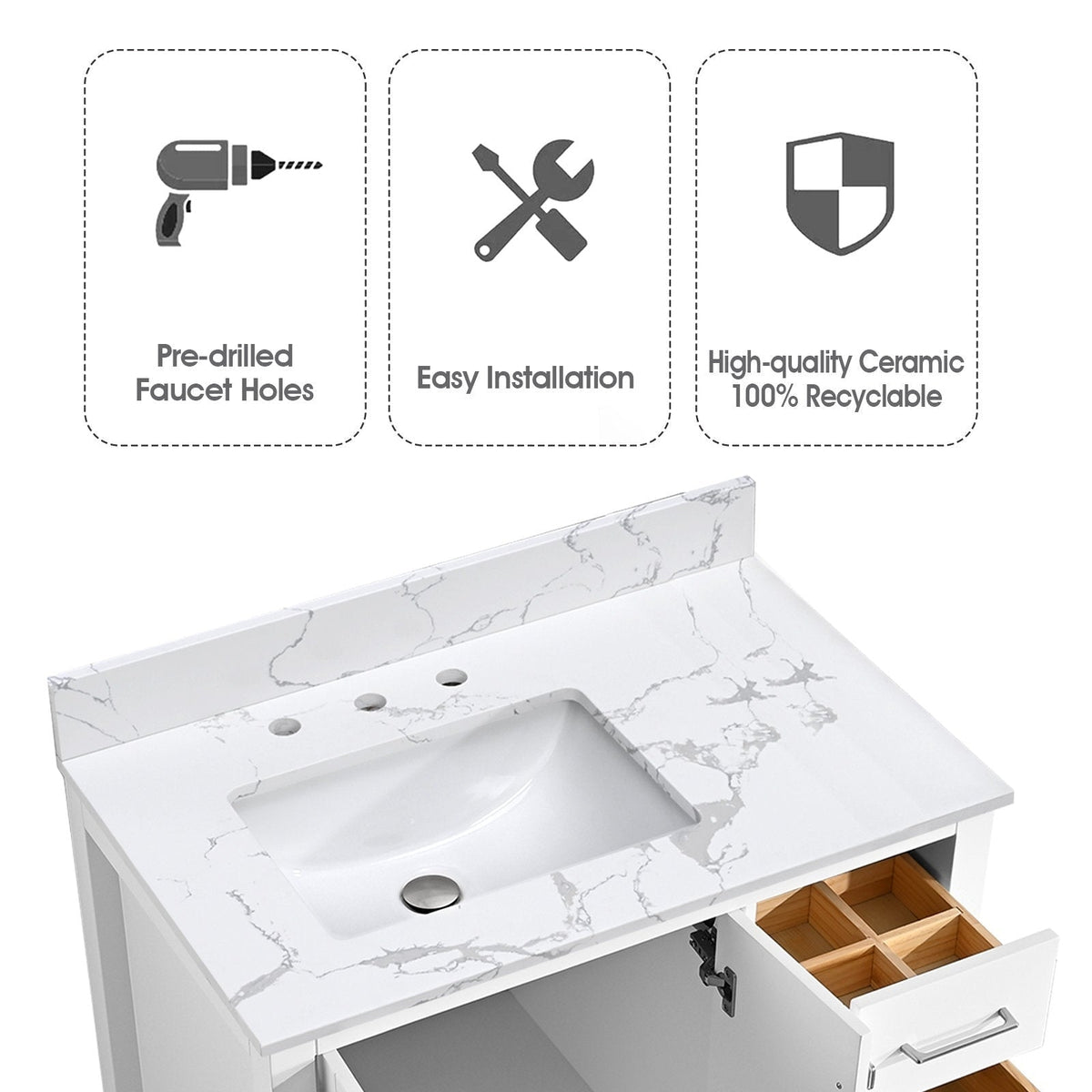 Top-down view of a modern white freestanding bathroom vanity with a stone marble-look countertop and backsplash, integrated white ceramic sink with three pre-drilled faucet holes, and an open drawer showing a wooden organizer and metal handle.