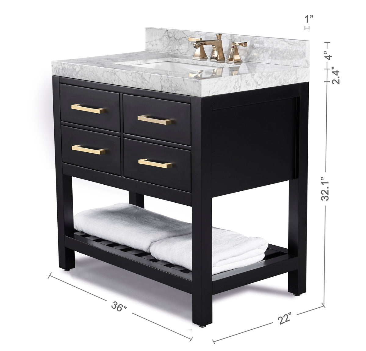 Modern solid-wood freestanding vanity in black with a stone marble top and integrated single sink, featuring four drawers with brushed-gold bar pulls and an open slatted lower shelf holding folded white towels.
