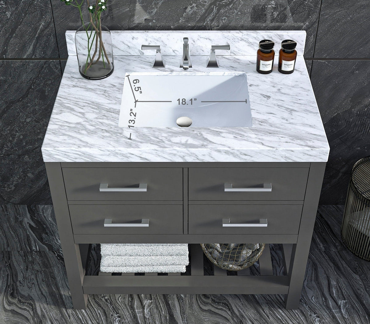 Top-down view of a modern solid wood bathroom vanity in a stone finish with a white veined stone top, rectangular undermount ceramic sink (18.1 in. wide), chrome faucet, four-drawer gray base and open towel shelf.