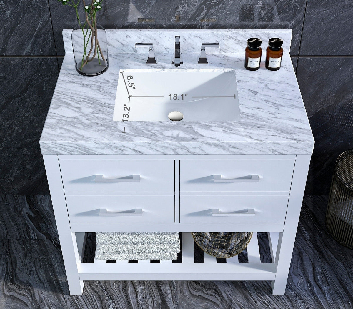 Modern freestanding 36-inch solid wood bathroom vanity with stone marble-look top, rectangular undermount ceramic sink, chrome widespread faucet, four drawers and open slatted shelf with towels and basket.