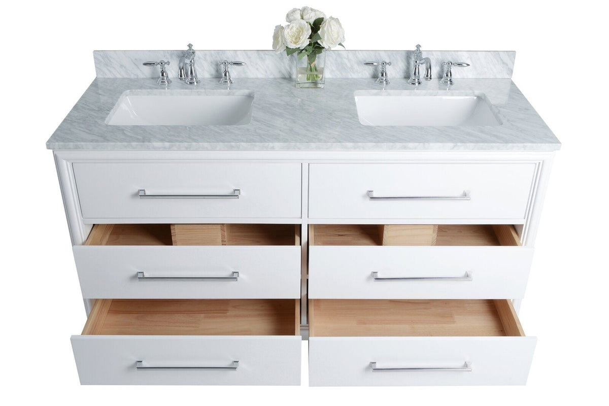 White solid-wood 60-inch double-sink bathroom vanity with light gray stone countertop and backsplash, two rectangular undermount sinks, chrome faucets and handles, and six drawers with natural wood interiors partially open.