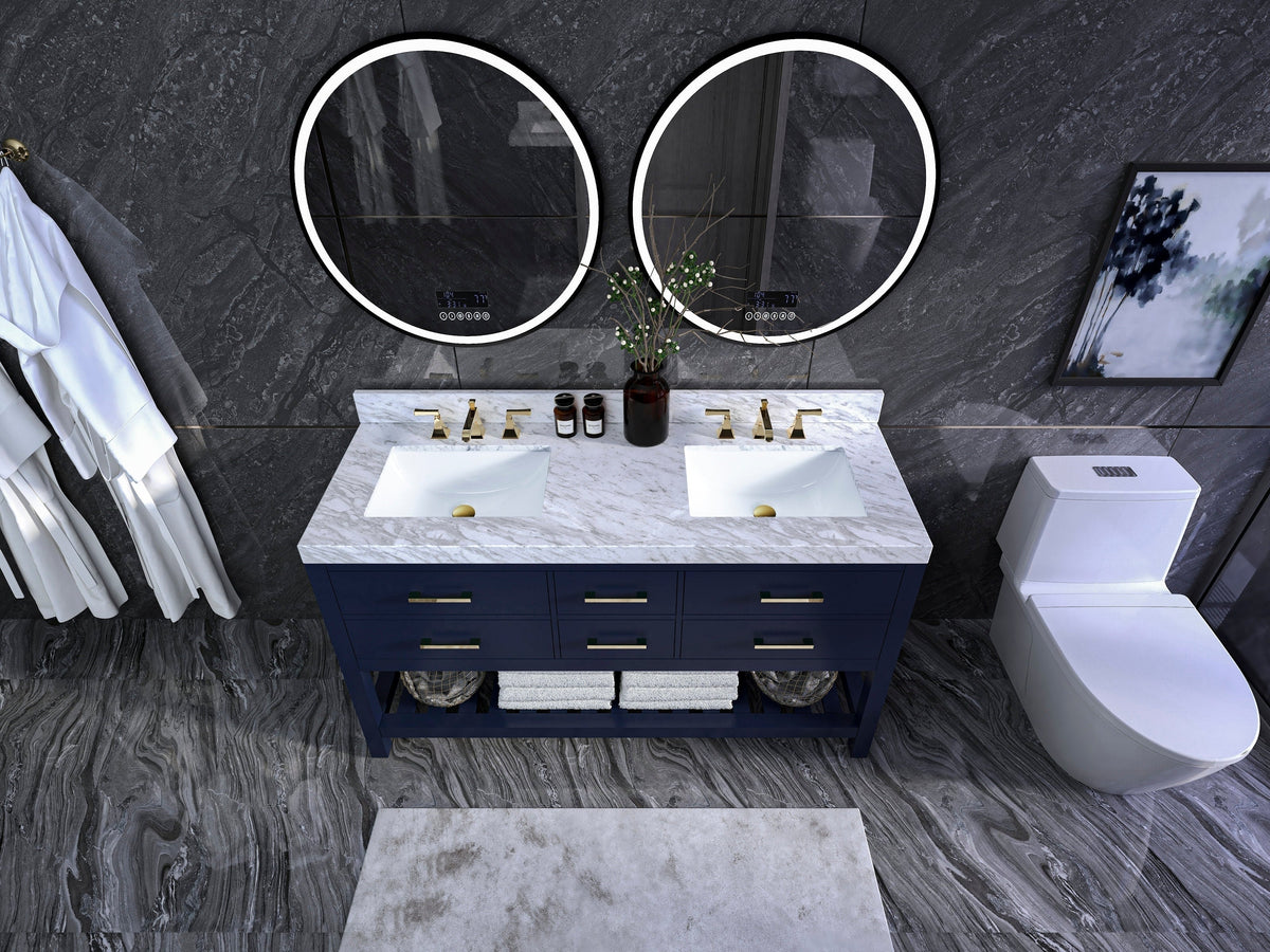60-inch modern solid wood double-sink vanity in navy with a stone marble countertop, two rectangular undermount ceramic sinks, brass-gold faucets and pulls, round LED mirrors above and open shelf with folded towels.