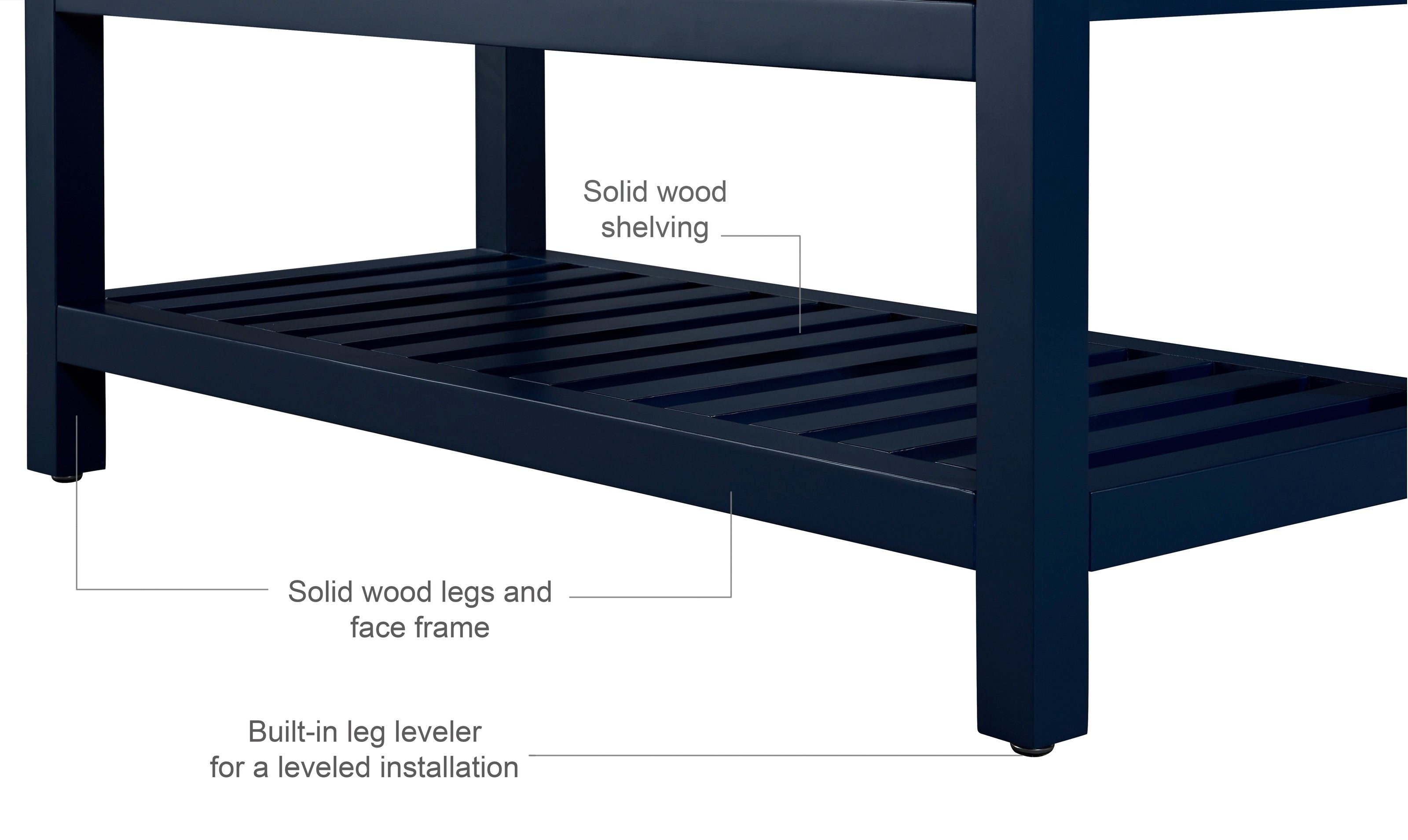 Close-up of a modern stone-finish solid wood vanity base showing a slatted lower shelf, square solid-wood legs and face frame, and a built-in adjustable leg leveler for a leveled installation.