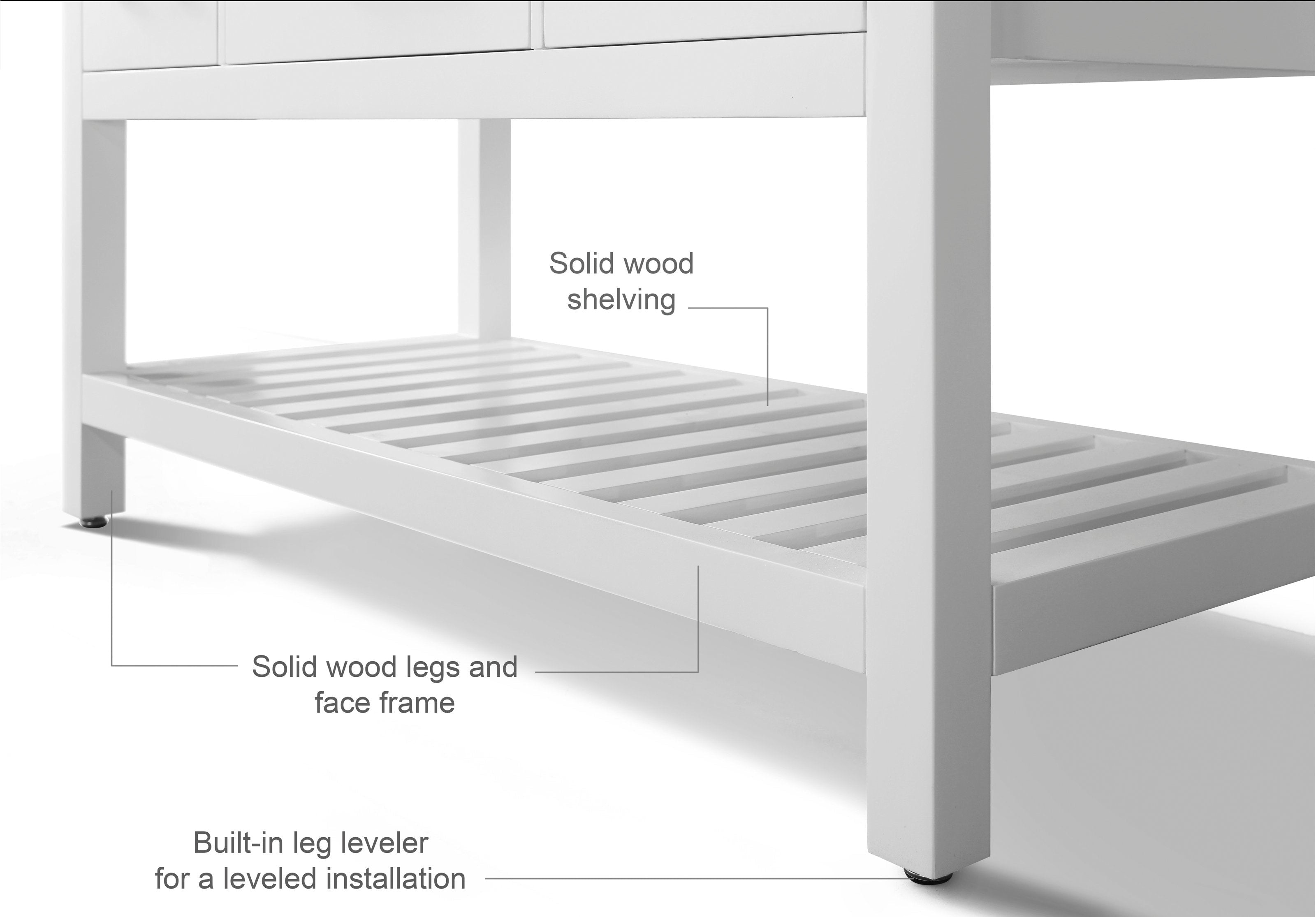 Close-up of a stone-colored modern vanity lower section showing solid wood legs and face frame, a slatted solid-wood bottom shelf, and built-in adjustable leg levelers.