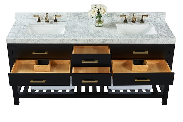 72-inch modern double-sink vanity with marble stone top, two white undermount sinks and brass faucets; black solid wood base with brass drawer pulls, open wood-lined drawers and slatted shelf with towels.