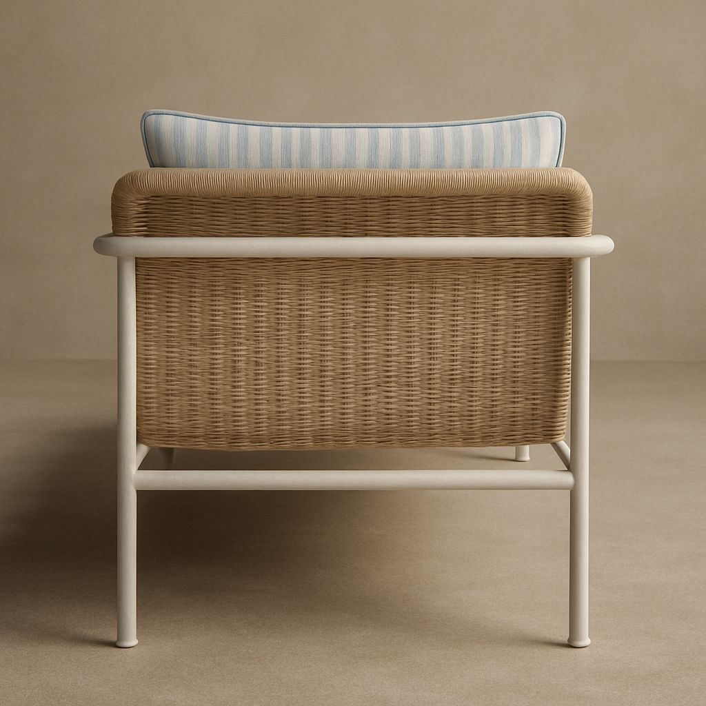 Back view of an outdoor coastal chaise lounge showing a woven natural rattan back, white aluminum frame, and a pale blue-and-white striped fabric cushion.
