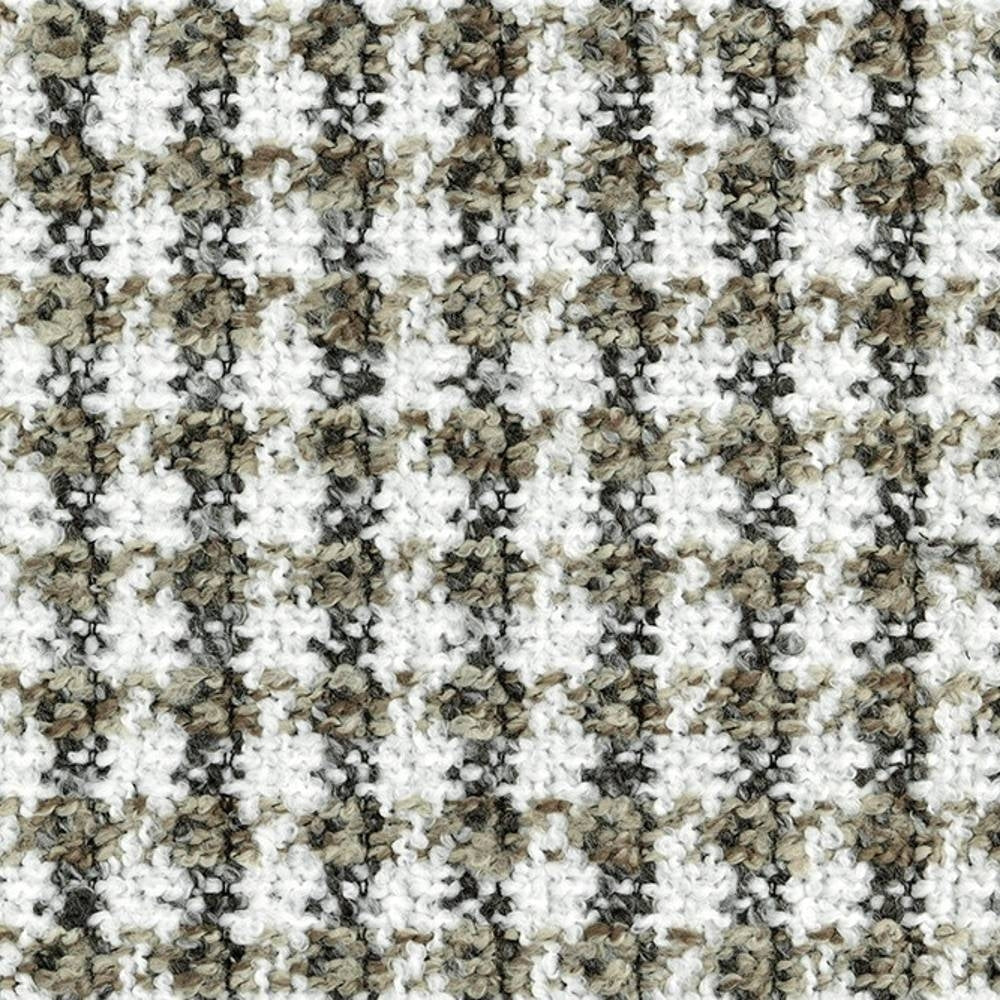 Close-up of white, beige and gray boucle upholstery fabric showing a small check grid and looped texture; 70% acrylic, 30% polyester fabric suited for contemporary sofas.