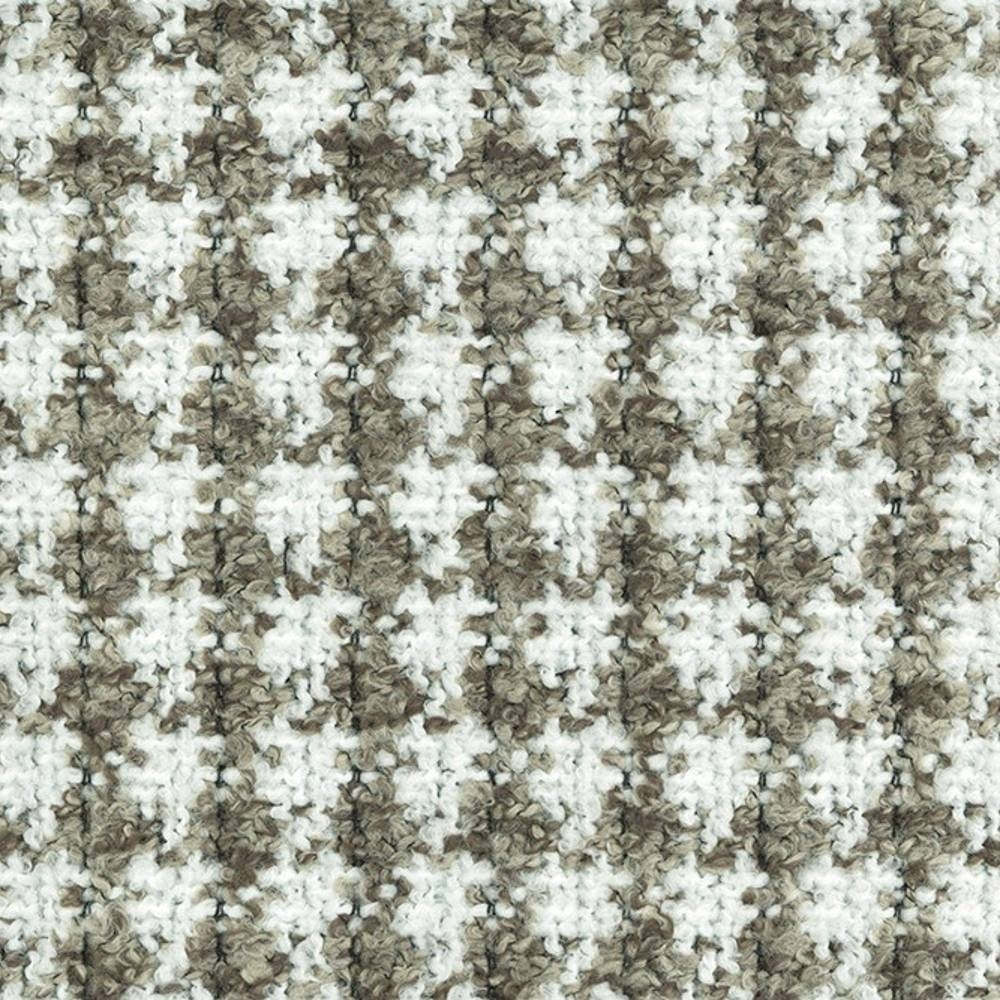 Close-up of beige, gray and white boucle upholstery fabric showing a textured looped weave in a subtle checker pattern, suitable for contemporary sofas; 70% acrylic, 30% polyester.