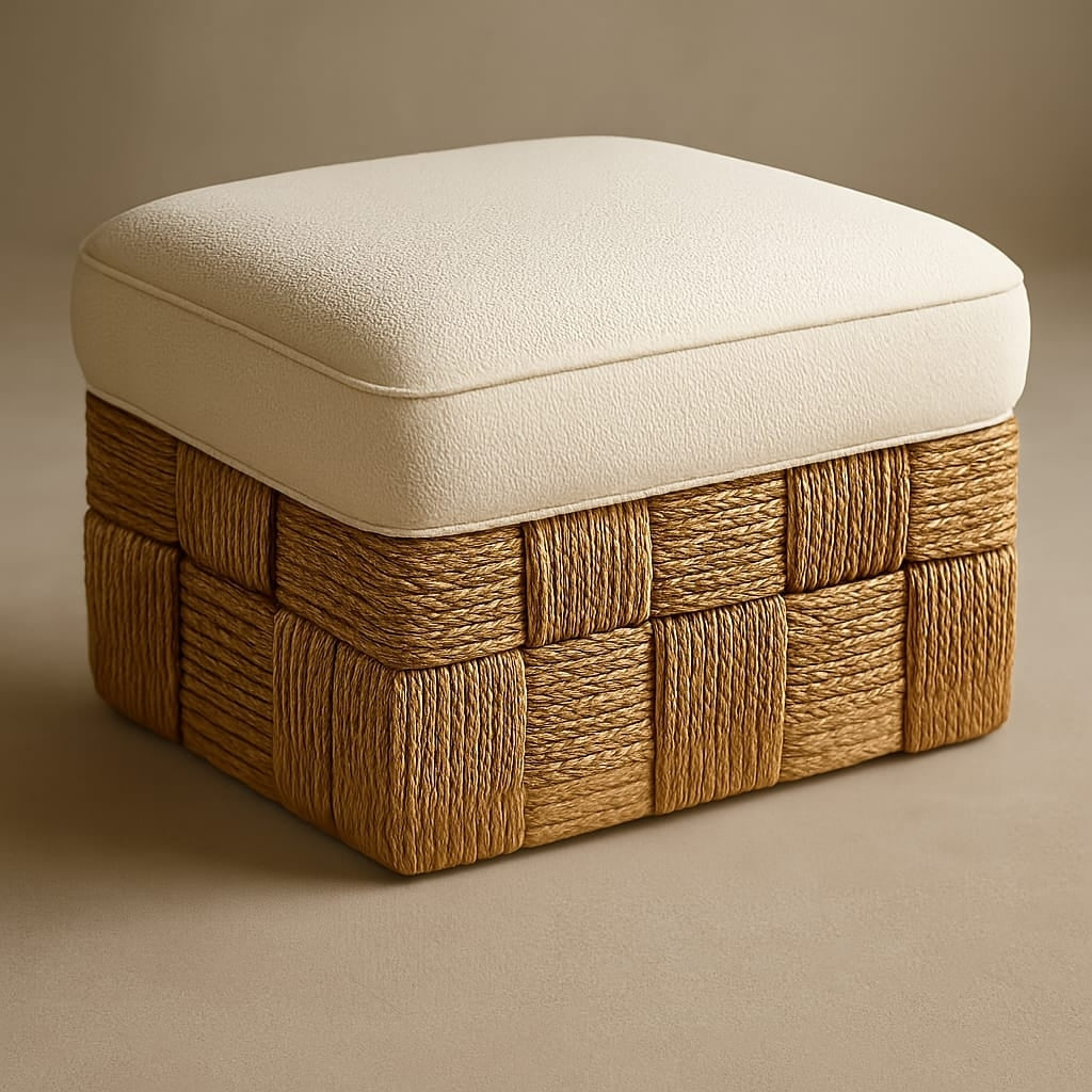 Square footstool featuring a hand‑woven natural sisal checkerboard base topped with a plush cream boucle cushion, photographed on a neutral background.