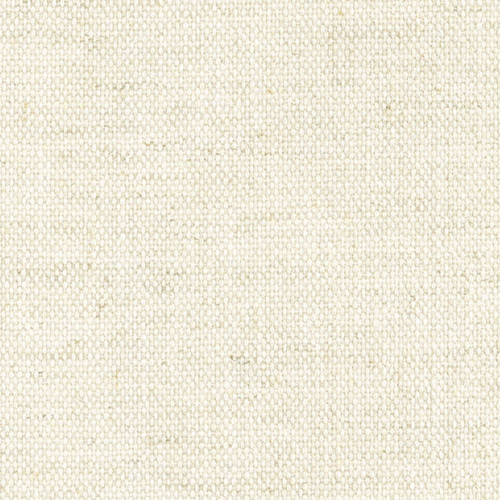 Close-up of cream linen-blend upholstery fabric (27% linen, 34% viscose, 9% acrylic, 30% polyester) showing a tight woven texture with subtle neutral flecks, suited for contemporary sofas and office seating.