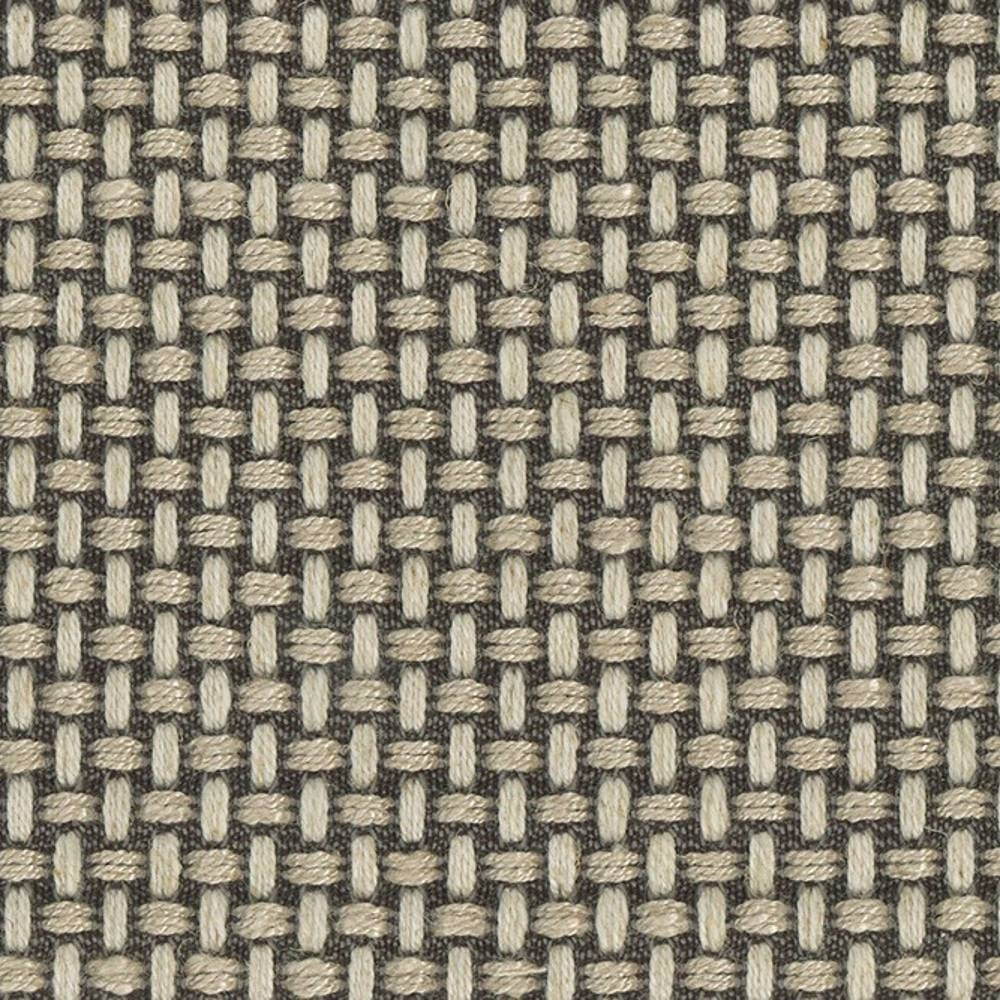 Close-up of neutral linen-viscose upholstery fabric (30% linen, 65% viscose, 5% polyester) showing a basketweave texture of cream and taupe yarns on a dark gray ground, suited for contemporary sofa upholstery.