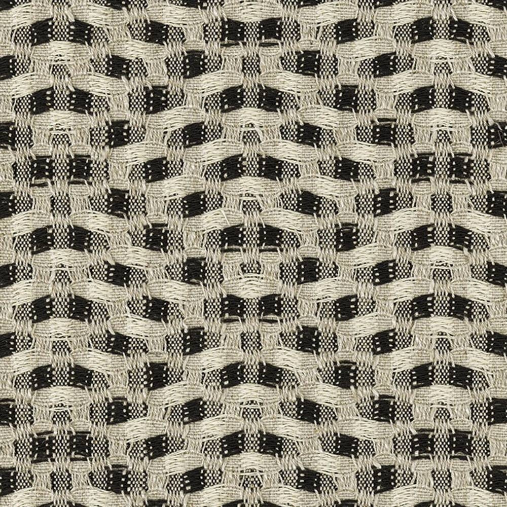 Close-up of a textured woven upholstery fabric showing a cream and black wave-like checker pattern, made from a linen, rayon and polyester blend for sofa and contract use.